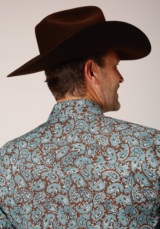 Roper Mens Long Sleeve Snap Turquoise Mine Paisley Western Shirt - Roper