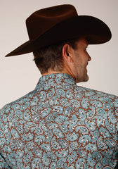 Roper Mens Long Sleeve Snap Turquoise Mine Paisley Western Shirt - Roper