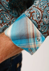 Roper Mens Long Sleeve Snap Turquoise Mine Paisley Western Shirt - Roper