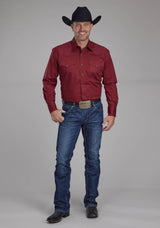 Roper Mens Diamond Print Stretch Poplin - Red Long Sleeve Snap Western Shirt