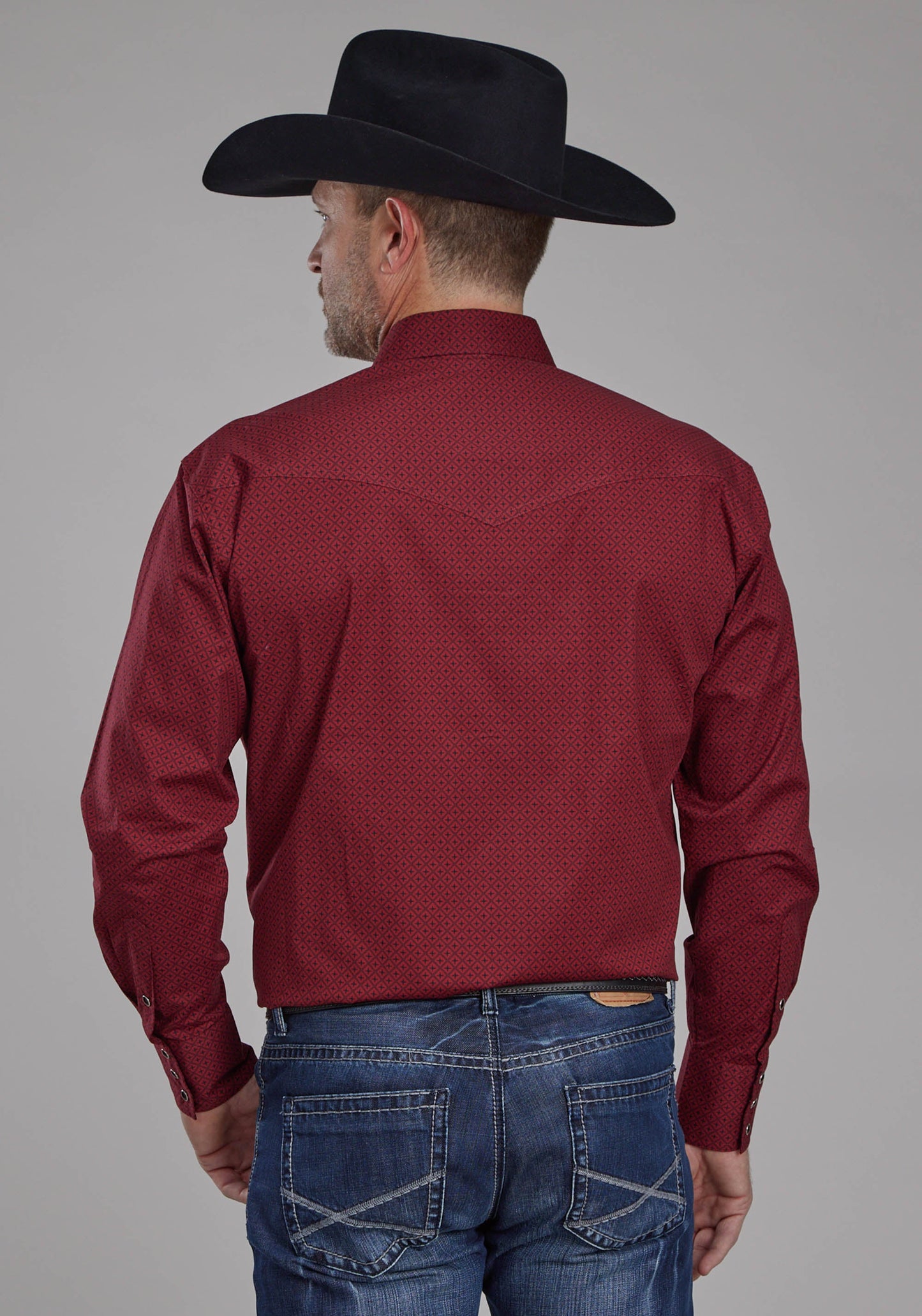 Roper Mens Diamond Print Stretch Poplin - Red Long Sleeve Snap Western Shirt