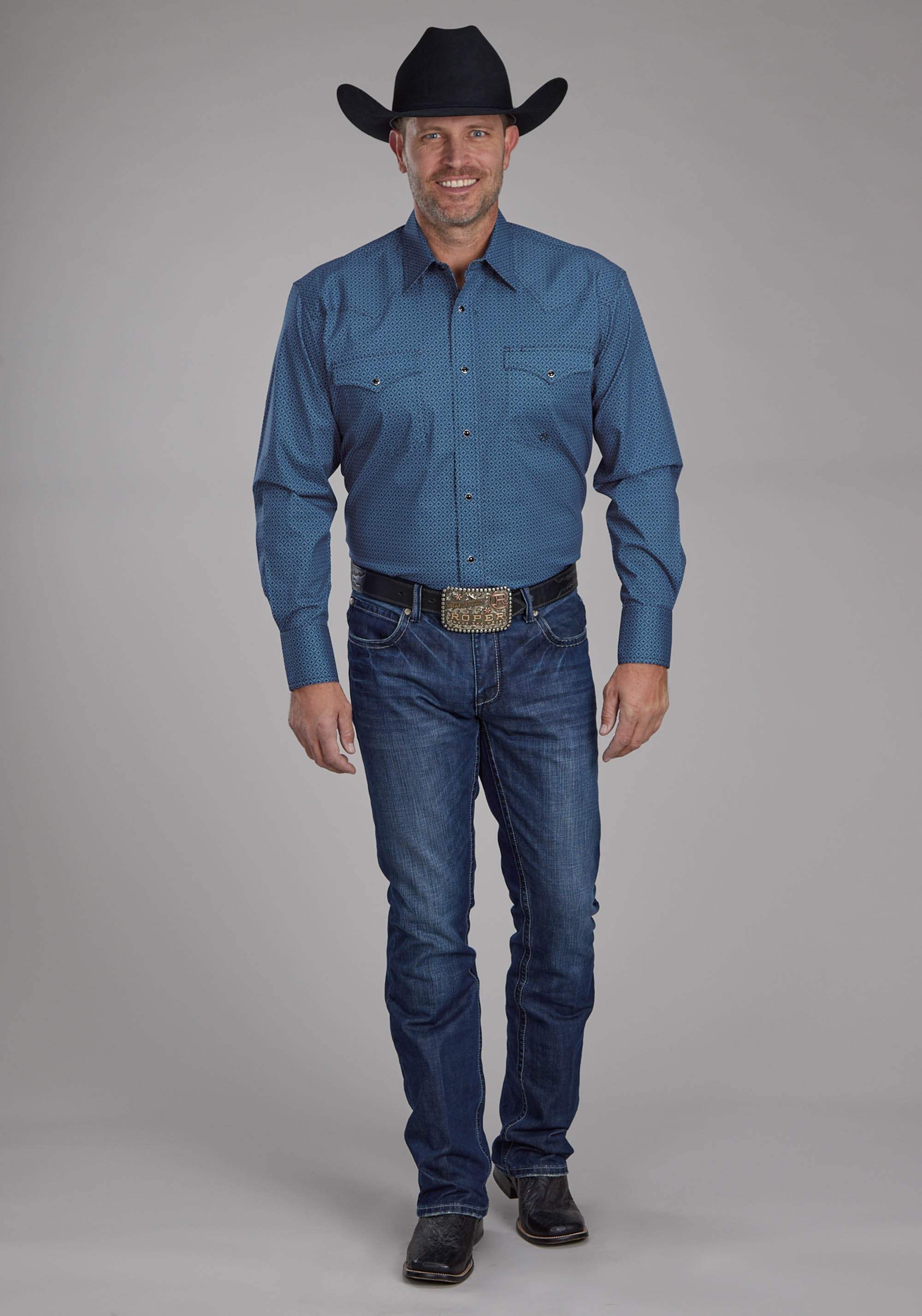 Roper Mens Diamond Print Stretch Poplin - Blue Long Sleeve Snap Western Shirt - Roper - Flyclothing LLC