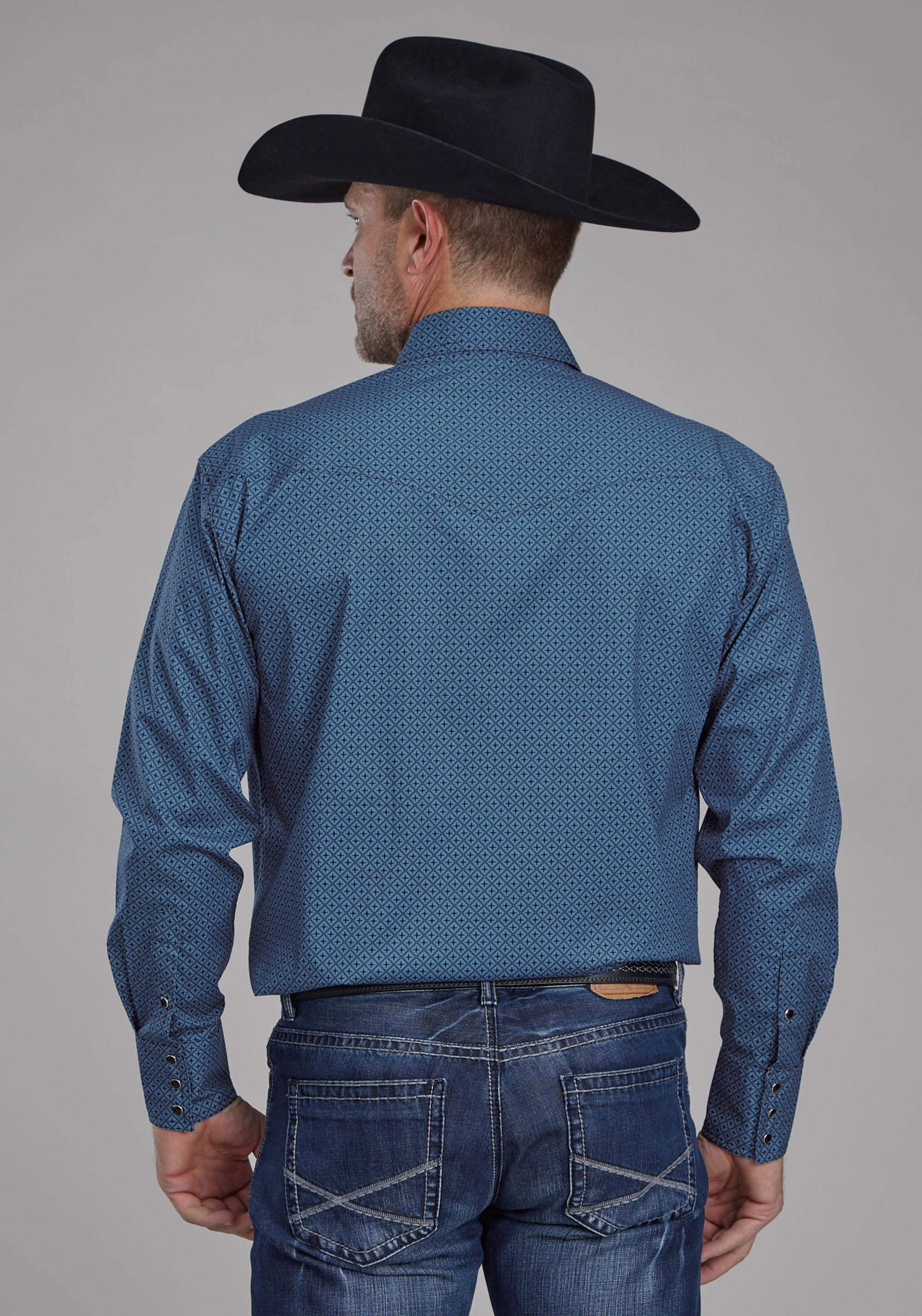 Roper Mens Diamond Print Stretch Poplin - Blue Long Sleeve Snap Western Shirt - Roper - Flyclothing LLC