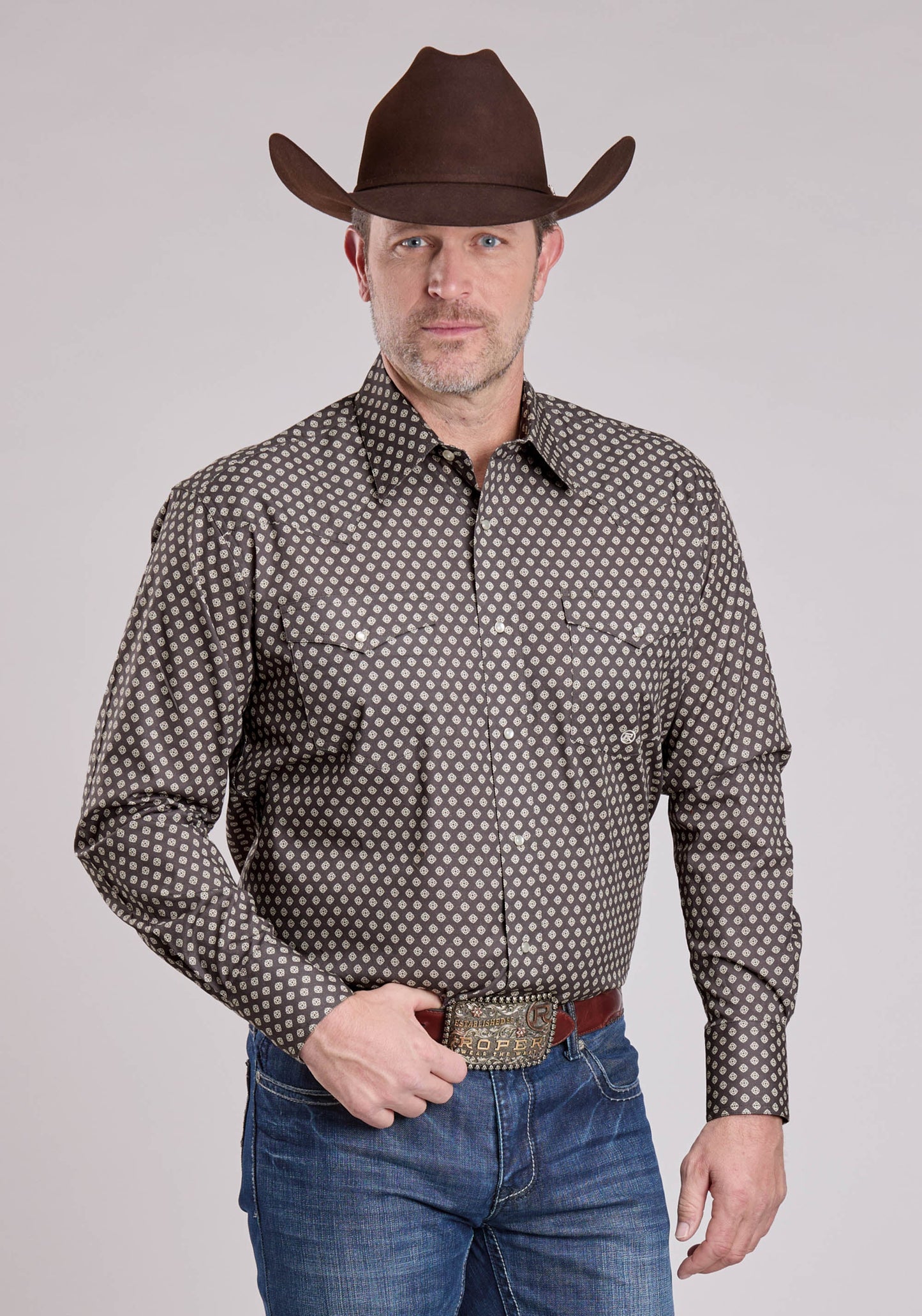 Roper Mens Long Sleeve Snap Grey Stretch Foulard Western Shirt