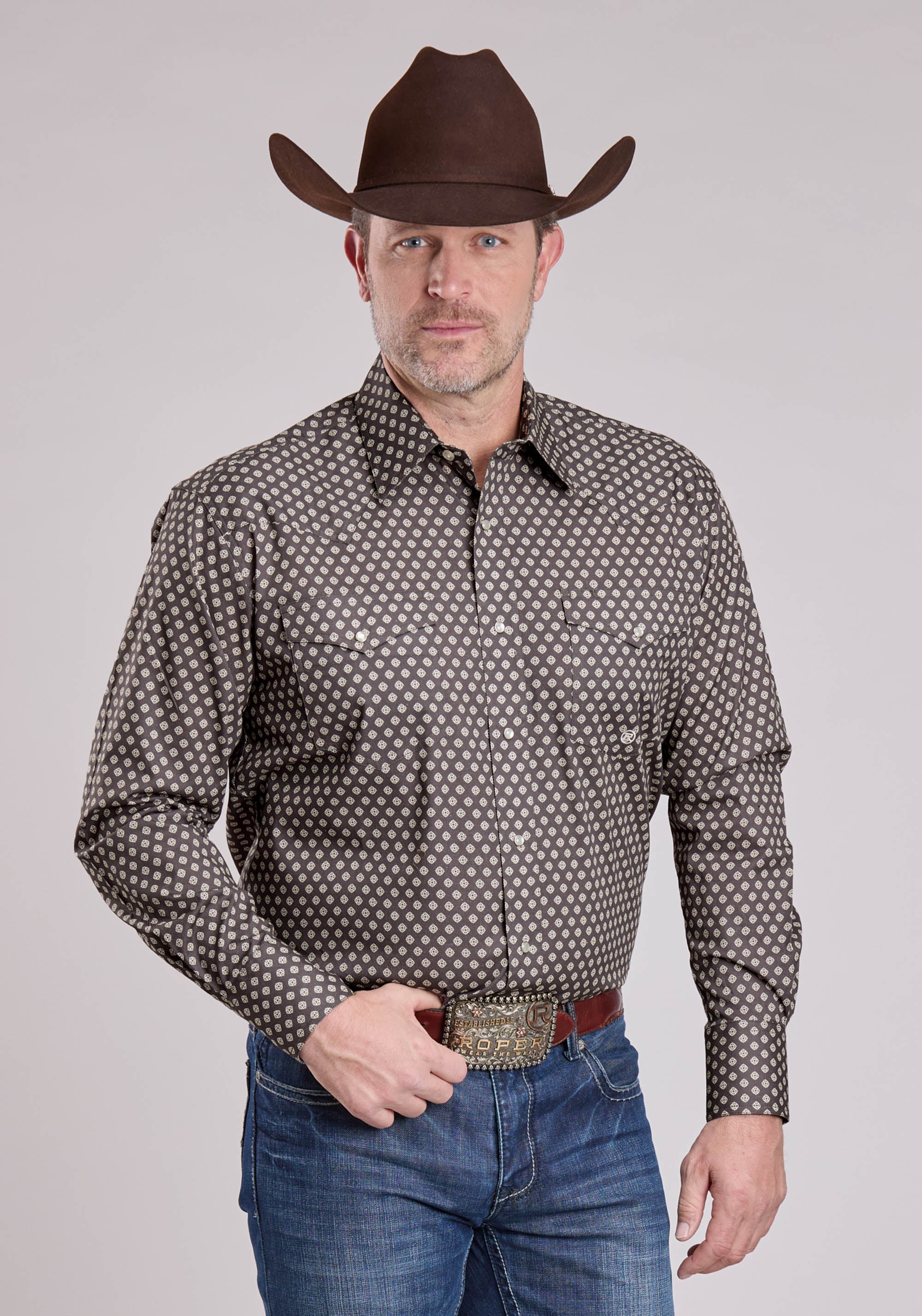 Roper Mens Long Sleeve Snap Grey Stretch Foulard Western Shirt