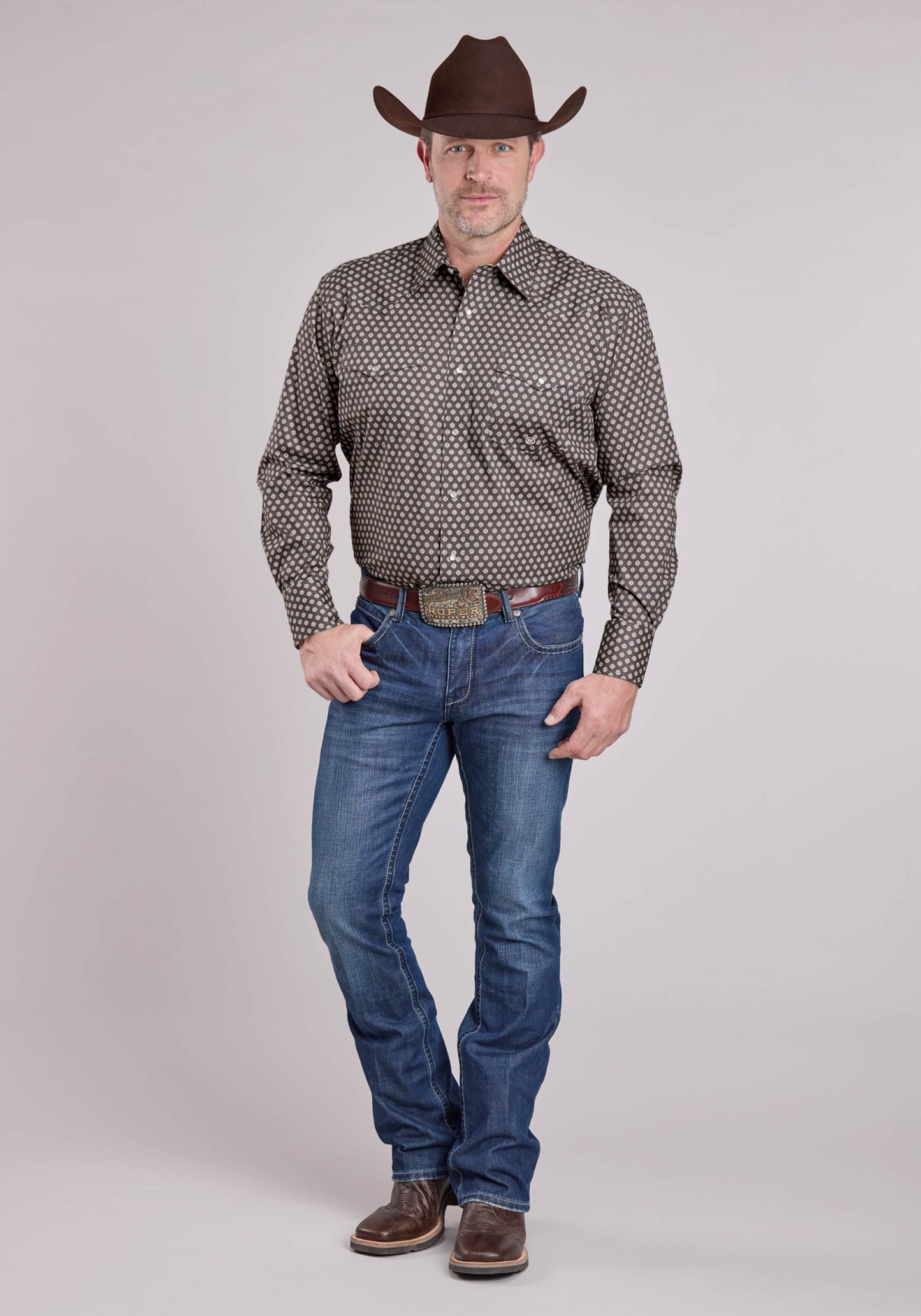 Roper Mens Long Sleeve Snap Grey Stretch Foulard Western Shirt