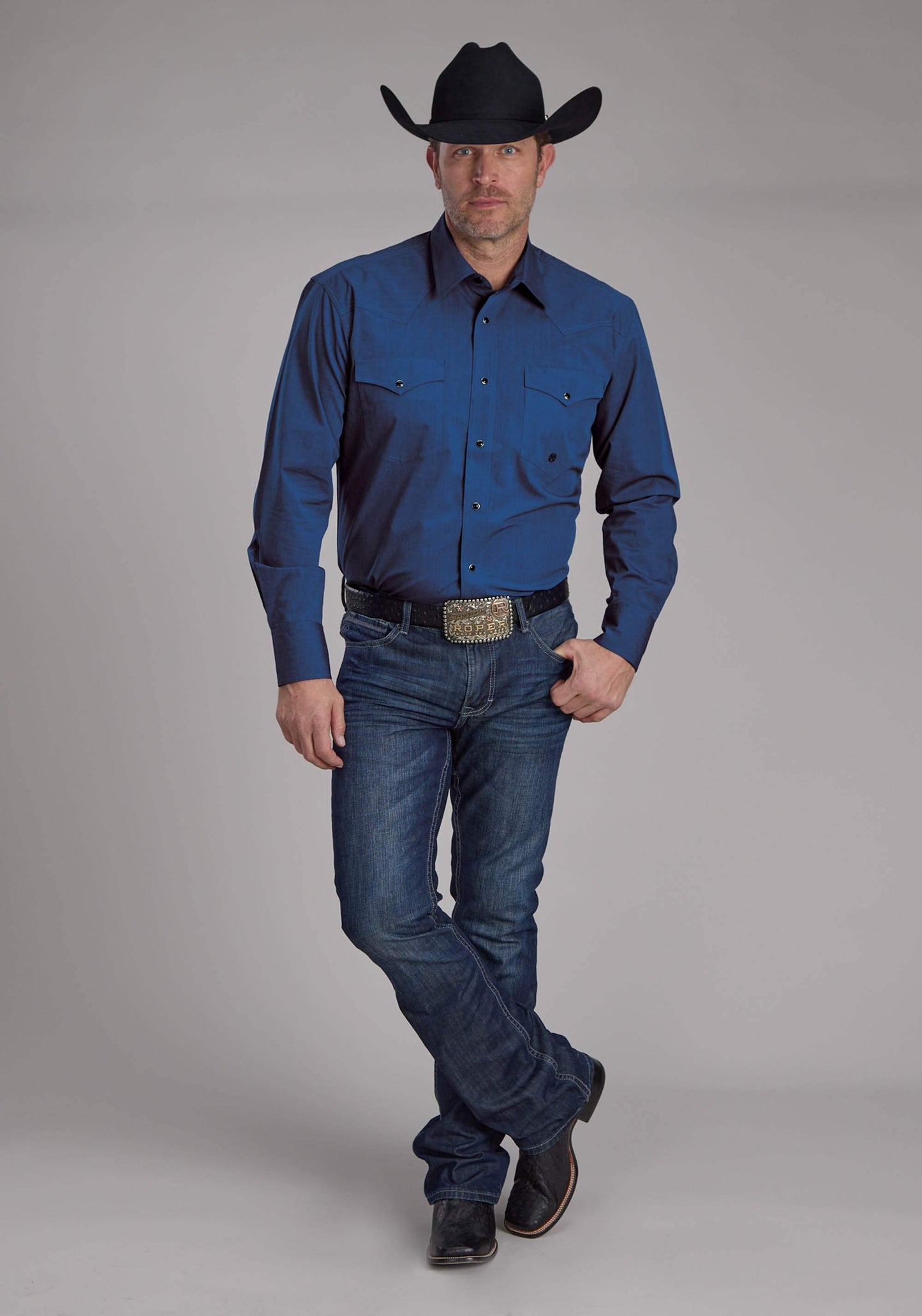 Roper Mens Black Fill Poplin - Blue Long Sleeve Snap Western Shirt - Roper - Flyclothing LLC