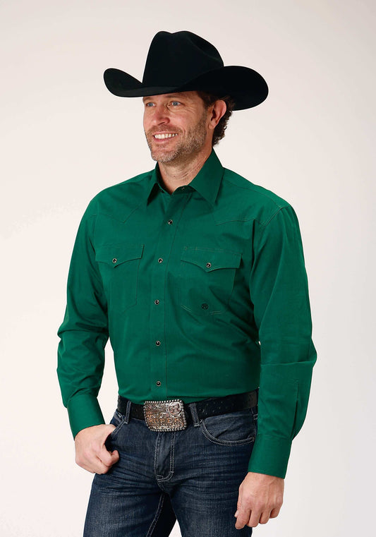 Roper Mens Long Sleeve Snap Black Fill Solid Green Western Shirt - Roper - Flyclothing LLC