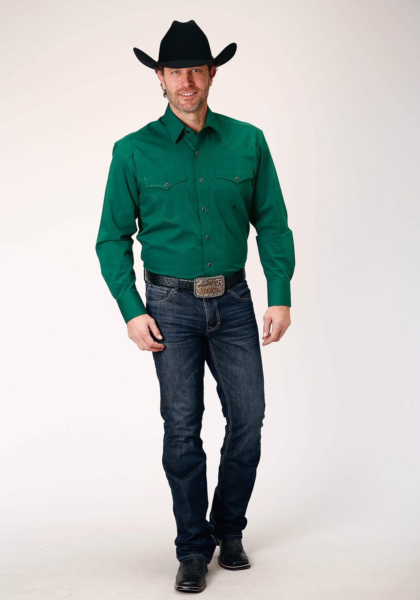 Roper Mens Long Sleeve Snap Black Fill Solid Green Western Shirt - Roper - Flyclothing LLC