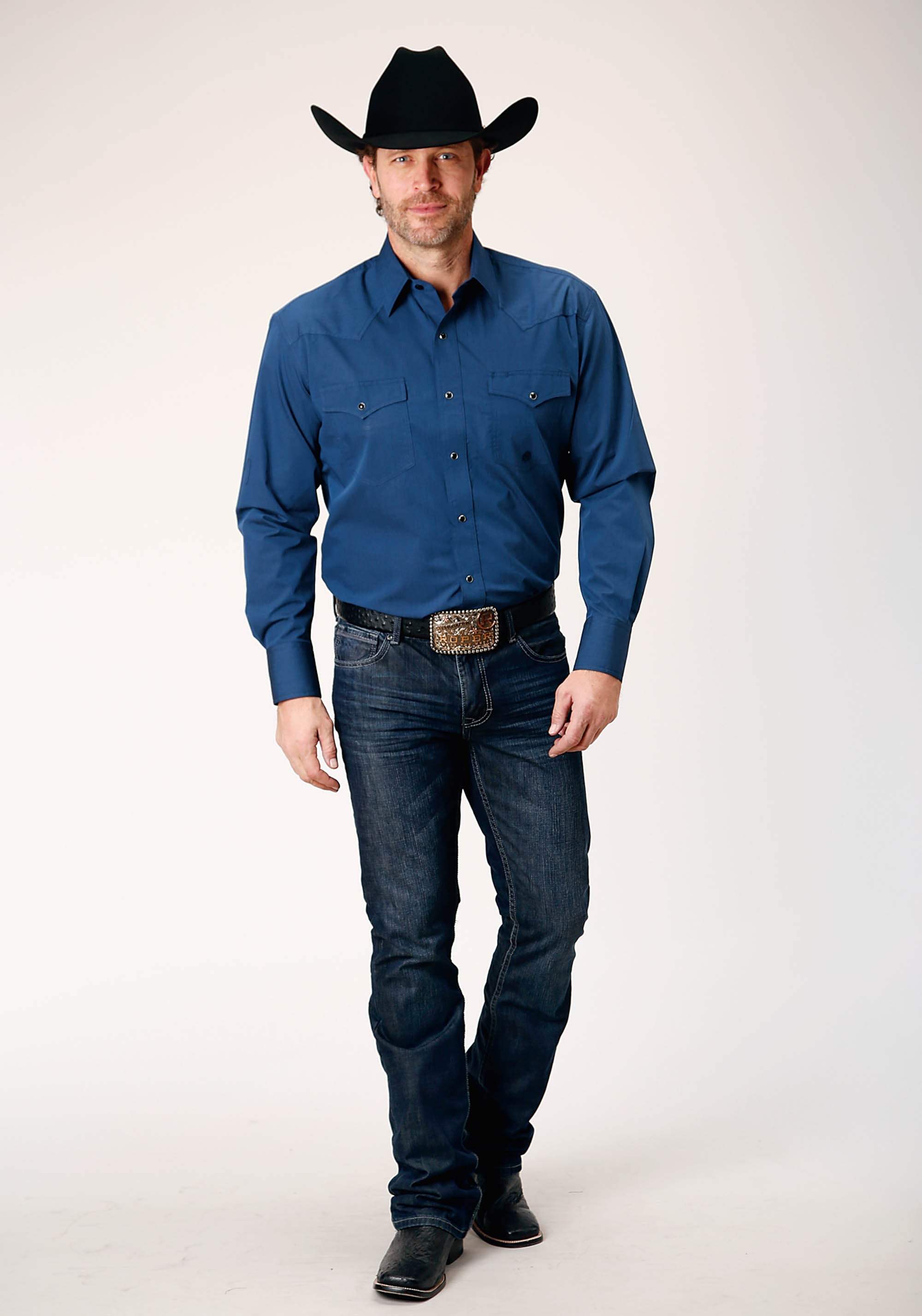 Roper Mens Long Sleeve Snap Black Fill Solid Blue Western Shirt - Roper - Flyclothing LLC