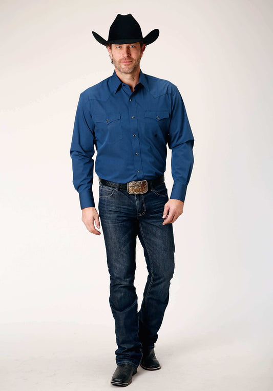 Roper Mens Long Sleeve Snap Black Fill Solid Blue Western Shirt - Roper - Flyclothing LLC