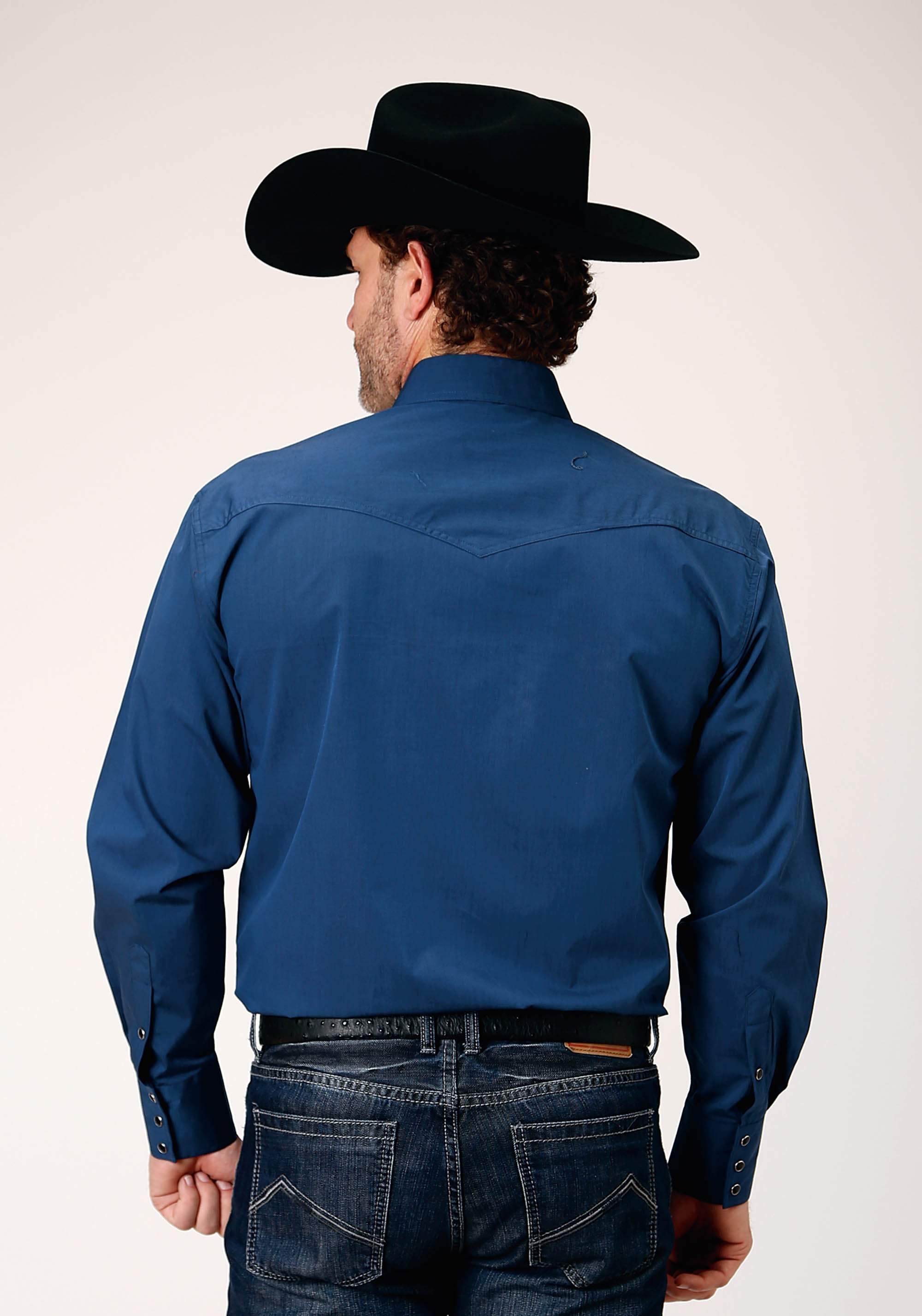 Roper Mens Long Sleeve Snap Black Fill Solid Blue Western Shirt - Roper - Flyclothing LLC