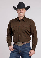 Roper Mens Long Sleeve Snap Solid Poplin - Black Fill Brown Western Sh