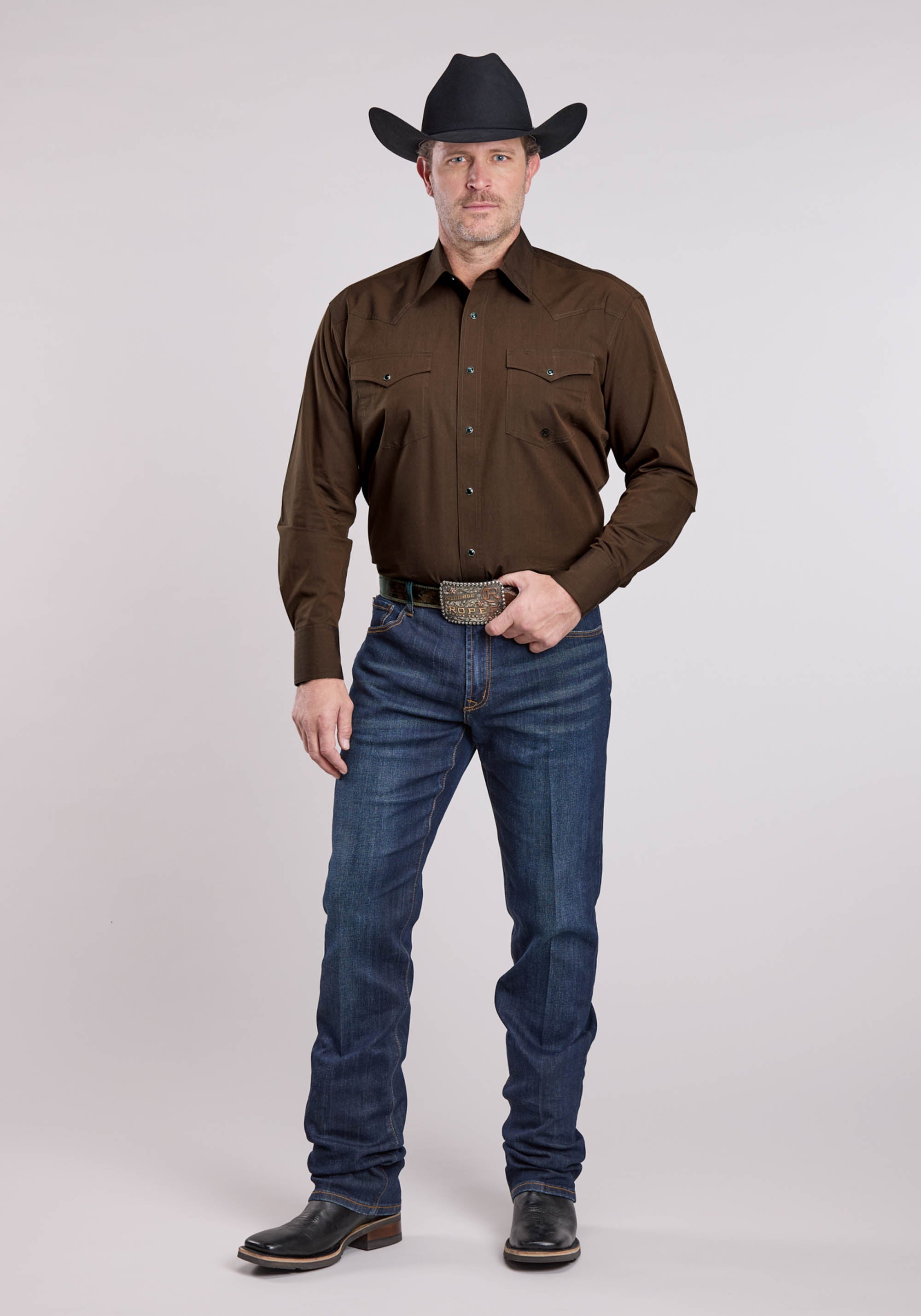 Roper Mens Long Sleeve Snap Solid Poplin - Black Fill Brown Western Shirt