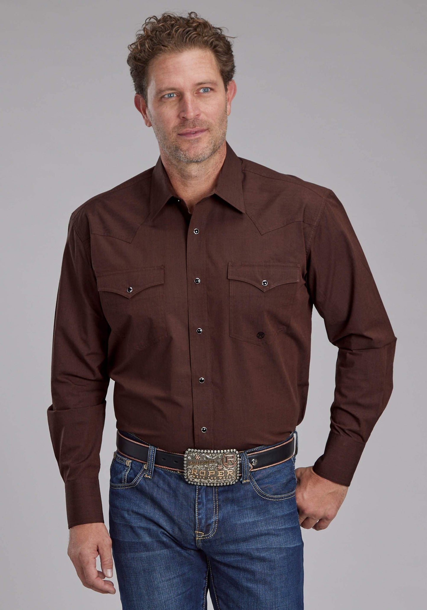 Roper Mens Black Fill Poplin - Polin Brown Long Sleeve Snap Western Shirt - Roper - Flyclothing LLC