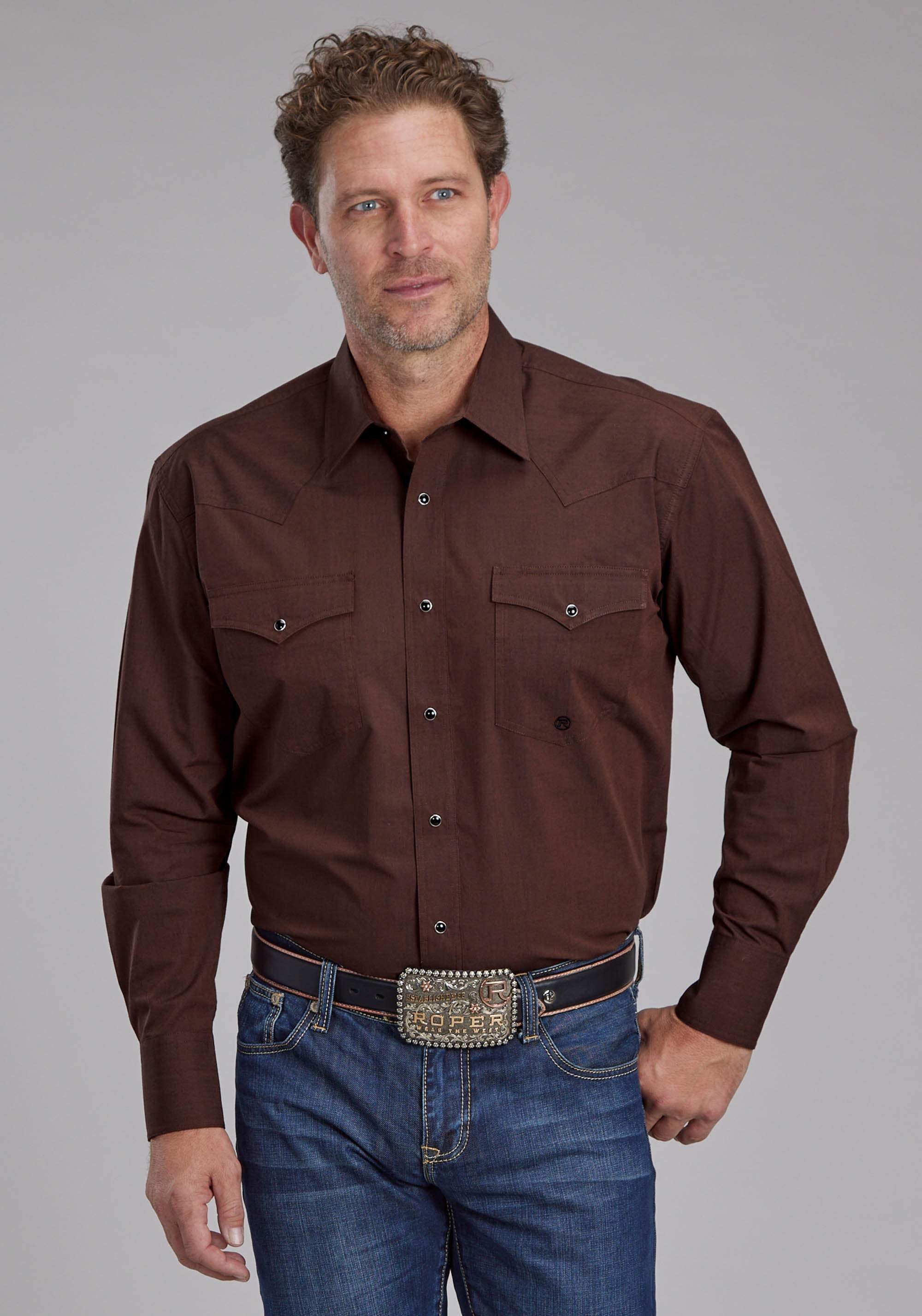 Roper Mens Black Fill Poplin - Polin Brown Long Sleeve Snap Western Shirt - Roper - Flyclothing LLC