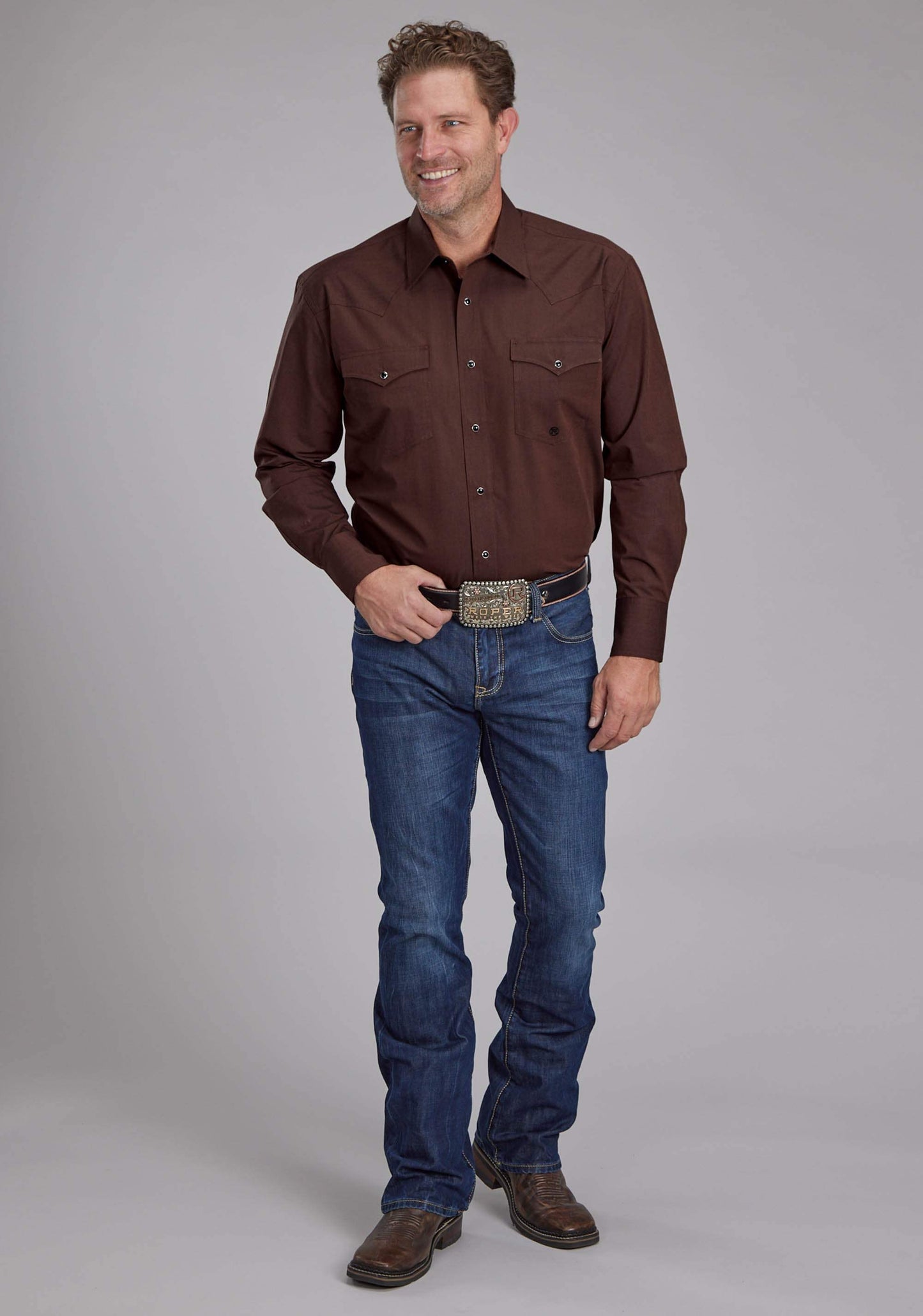 Roper Mens Black Fill Poplin - Polin Brown Long Sleeve Snap Western Shirt - Roper - Flyclothing LLC
