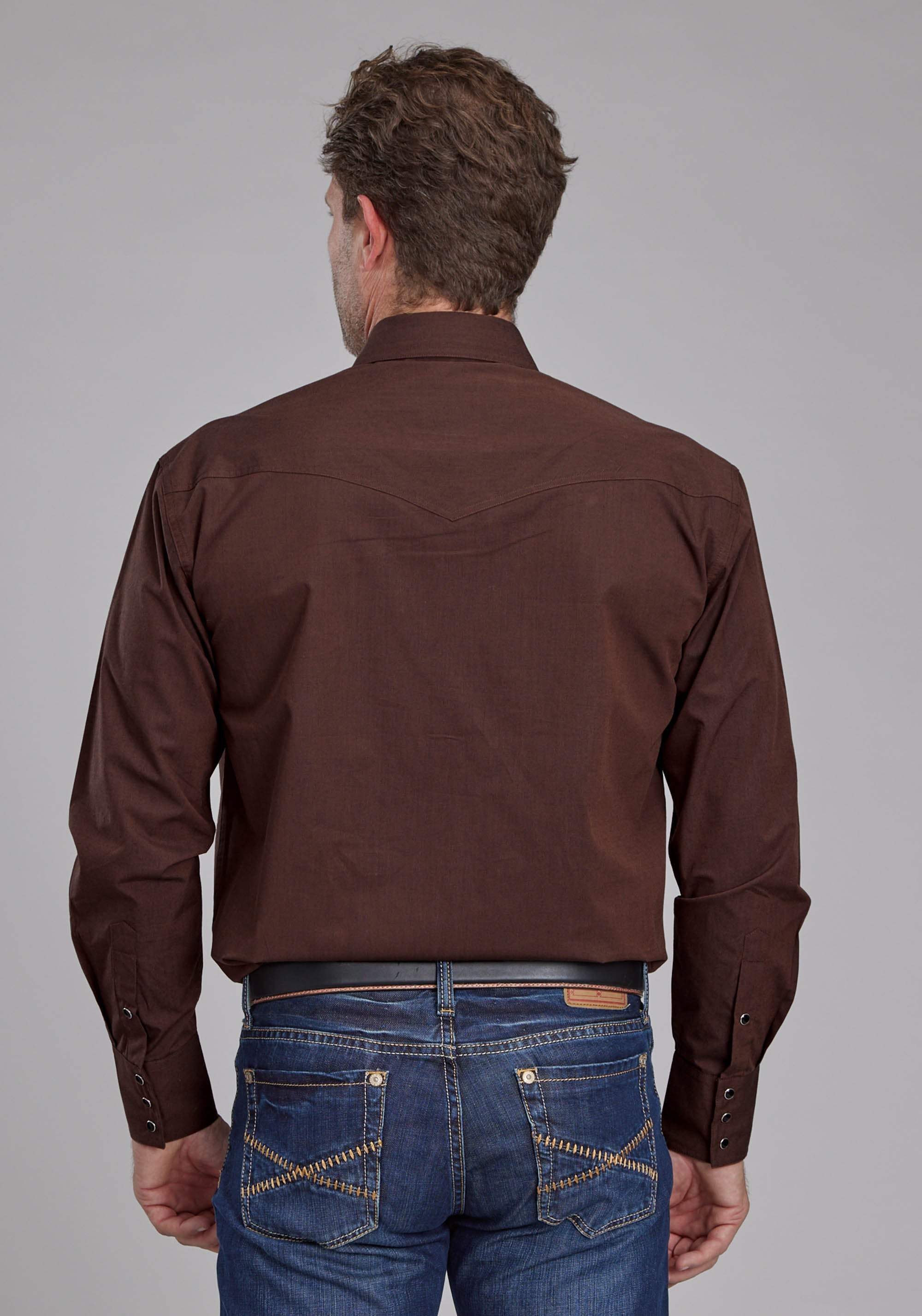 Roper Mens Black Fill Poplin - Polin Brown Long Sleeve Snap Western Shirt - Roper - Flyclothing LLC