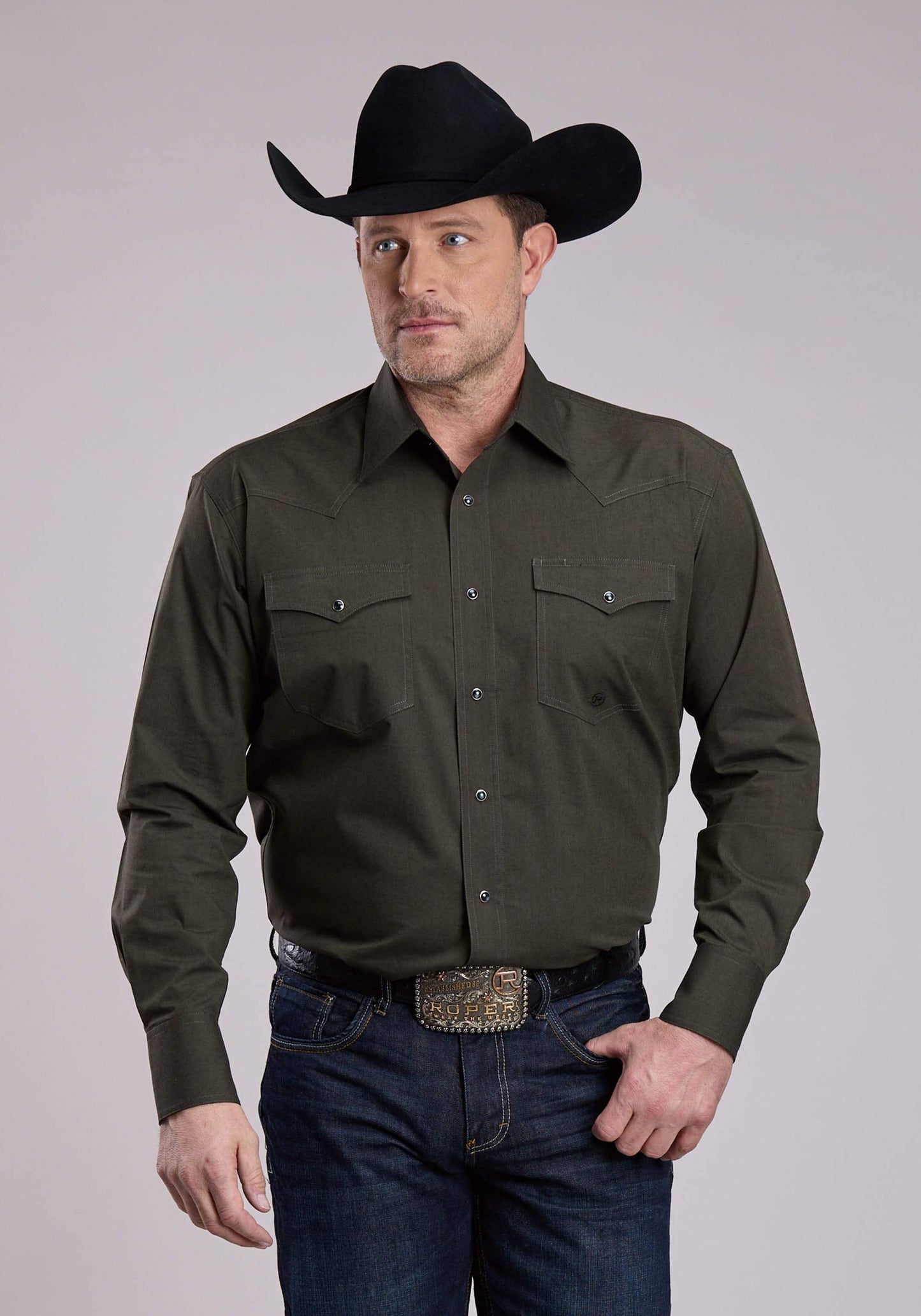 Roper Mens Long Sleeve Snap Black Fill - Green Western Shirt - Roper - Flyclothing LLC