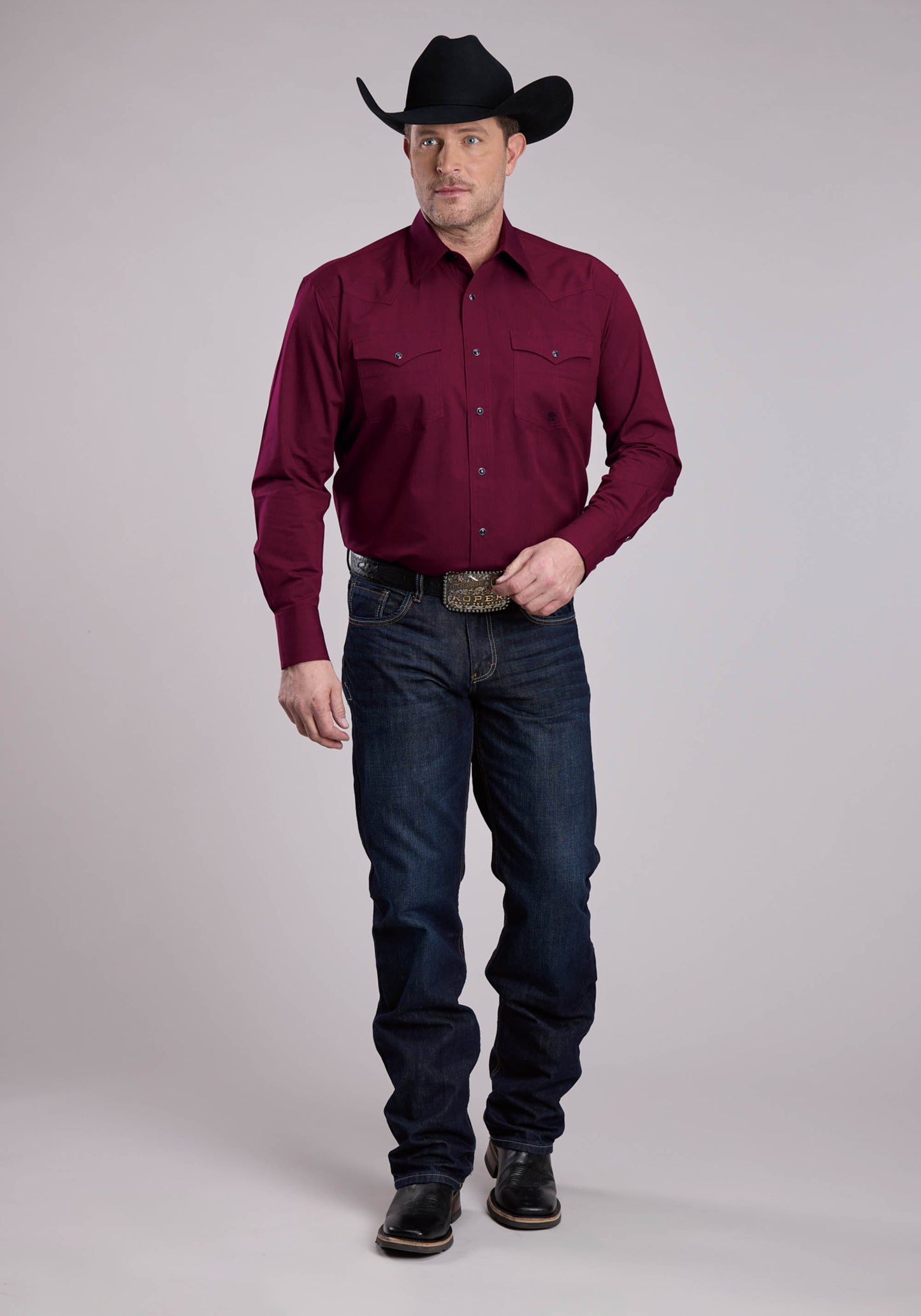 Roper Mens Long Sleeve Snap Black Fill - Wine Western Shirt