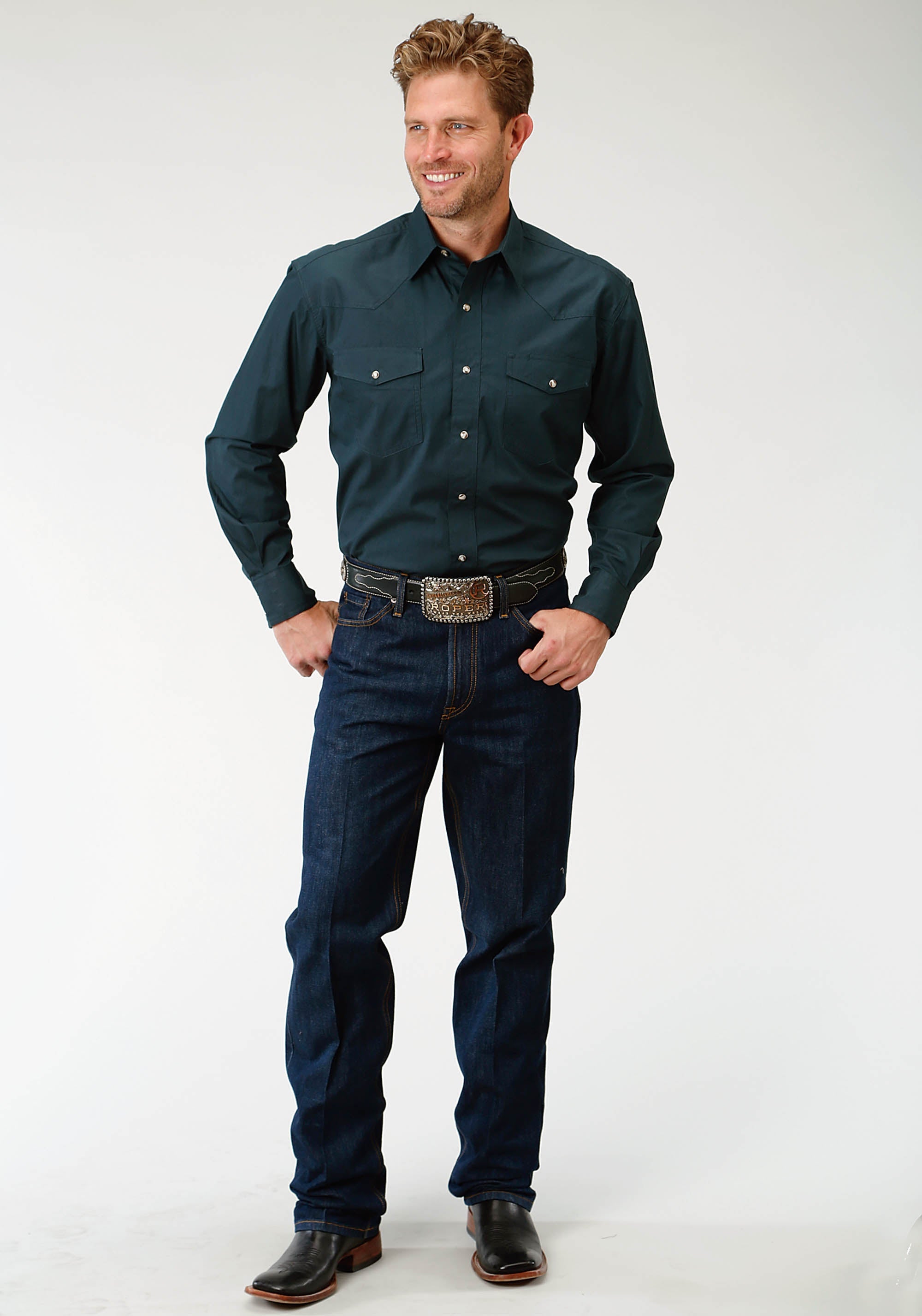 Roper Mens Green Solid Long Sleeve Western Snap Shirt