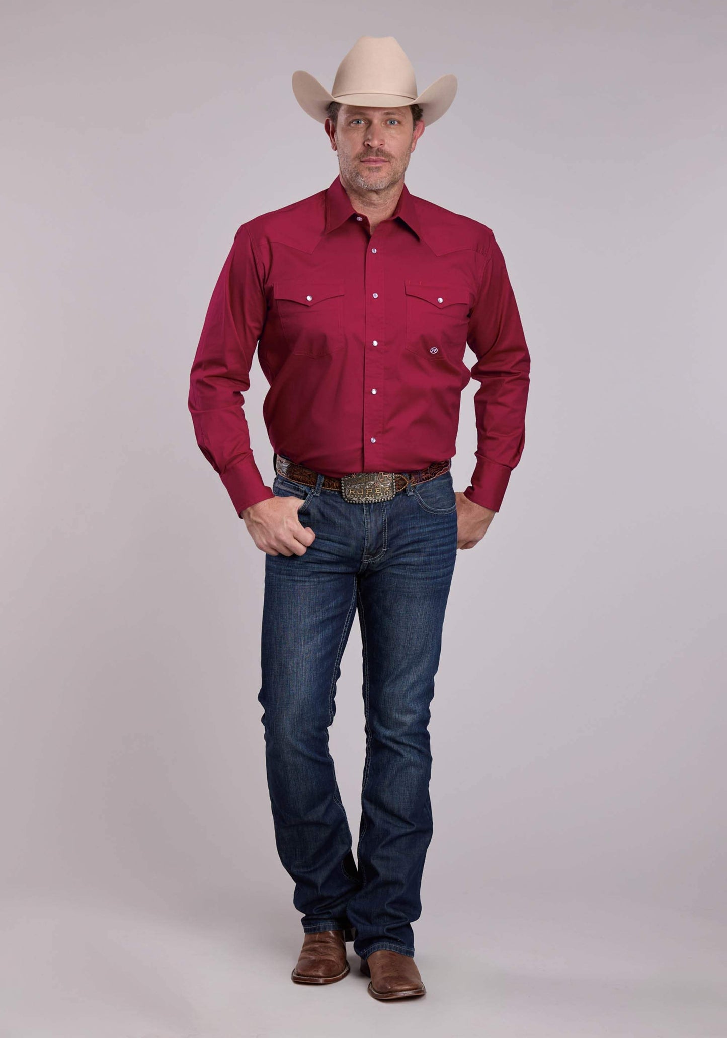 Mens Roper Solid Red Stretch Poplin Long Sleeve Snap Shirt - Roper - Flyclothing LLC
