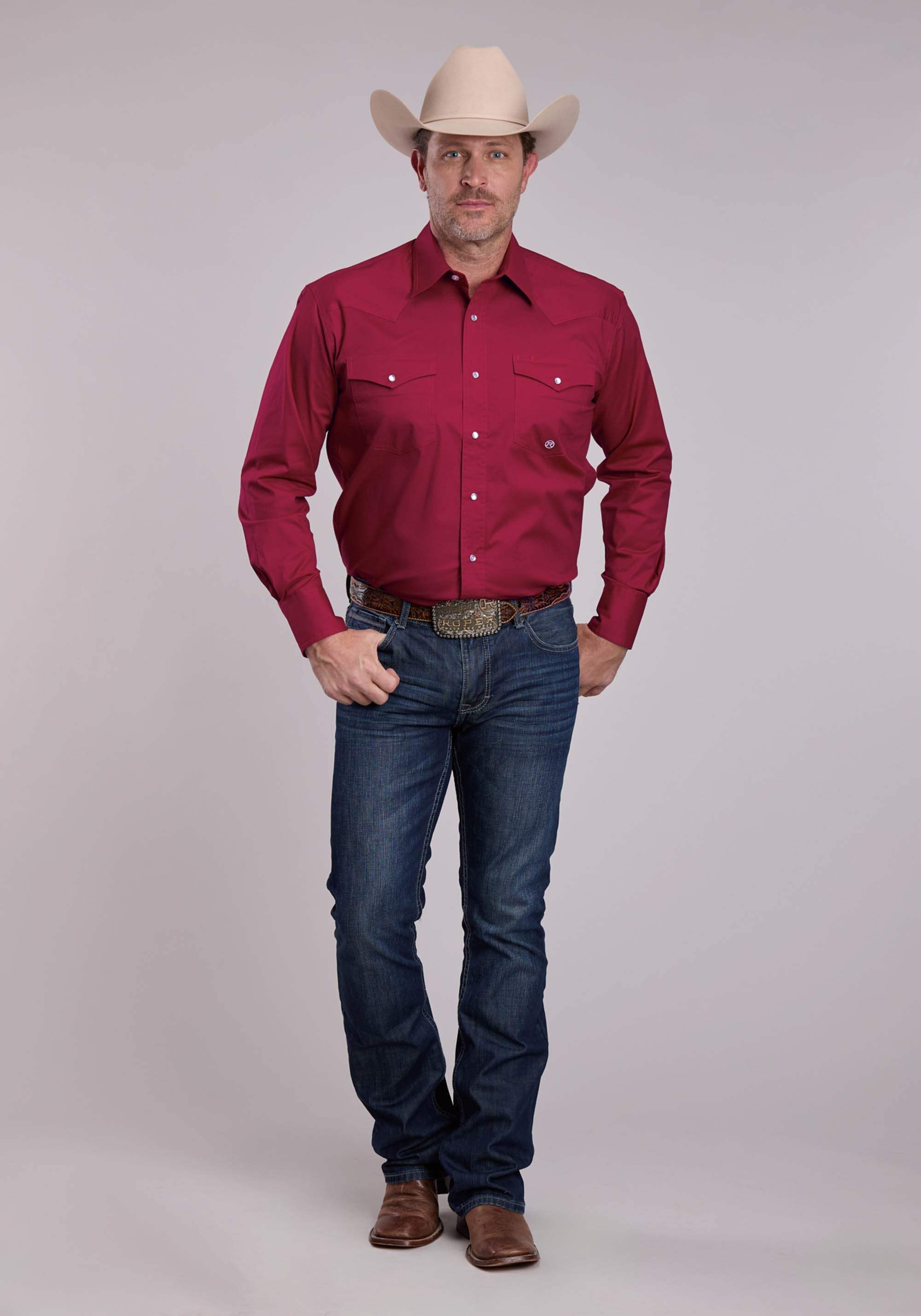 Mens Roper Solid Red Stretch Poplin Long Sleeve Snap Shirt - Roper - Flyclothing LLC