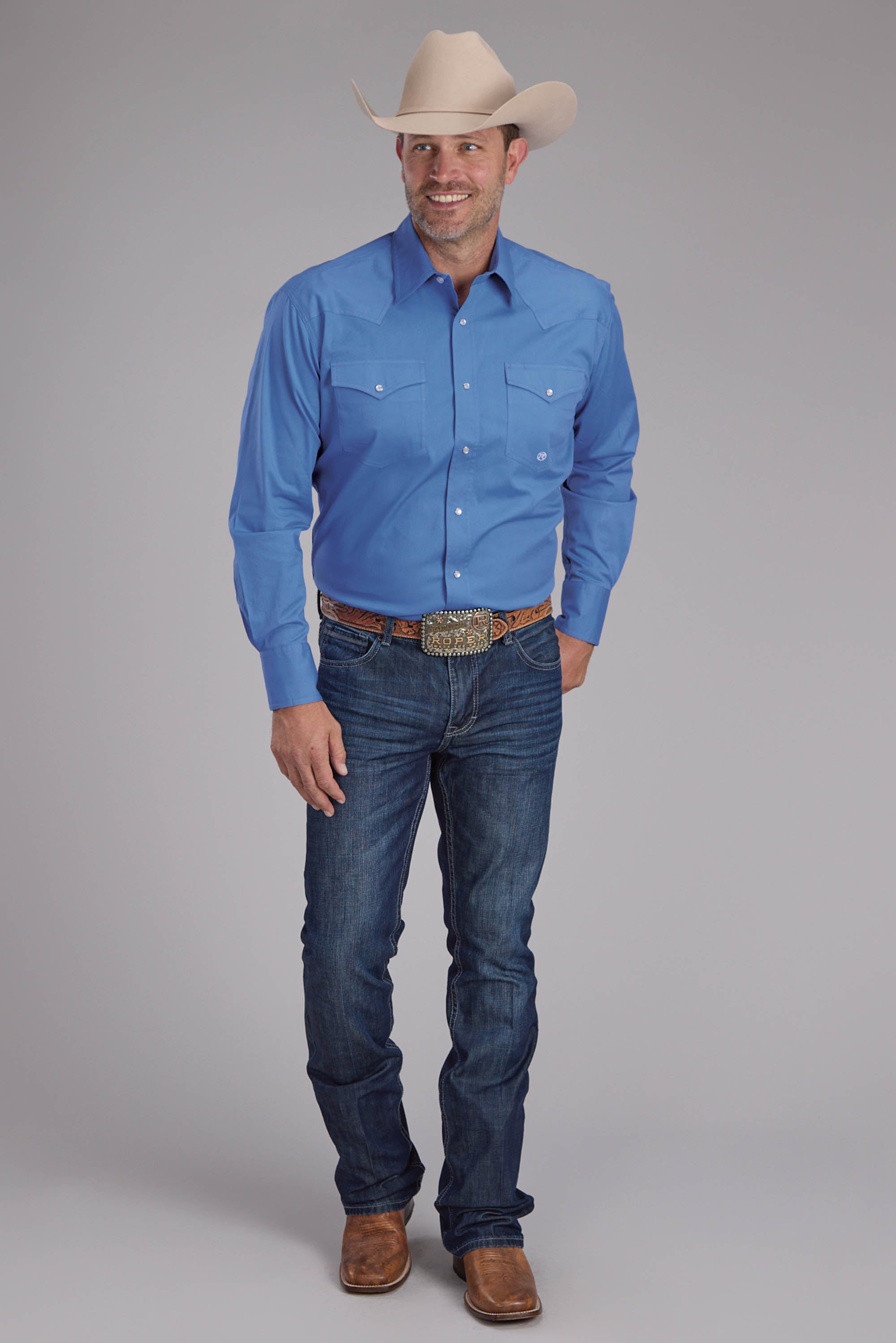 Roper Mens Solid Poplin Stretch - Periwinkle Long Sleeve Snap Western Shirt