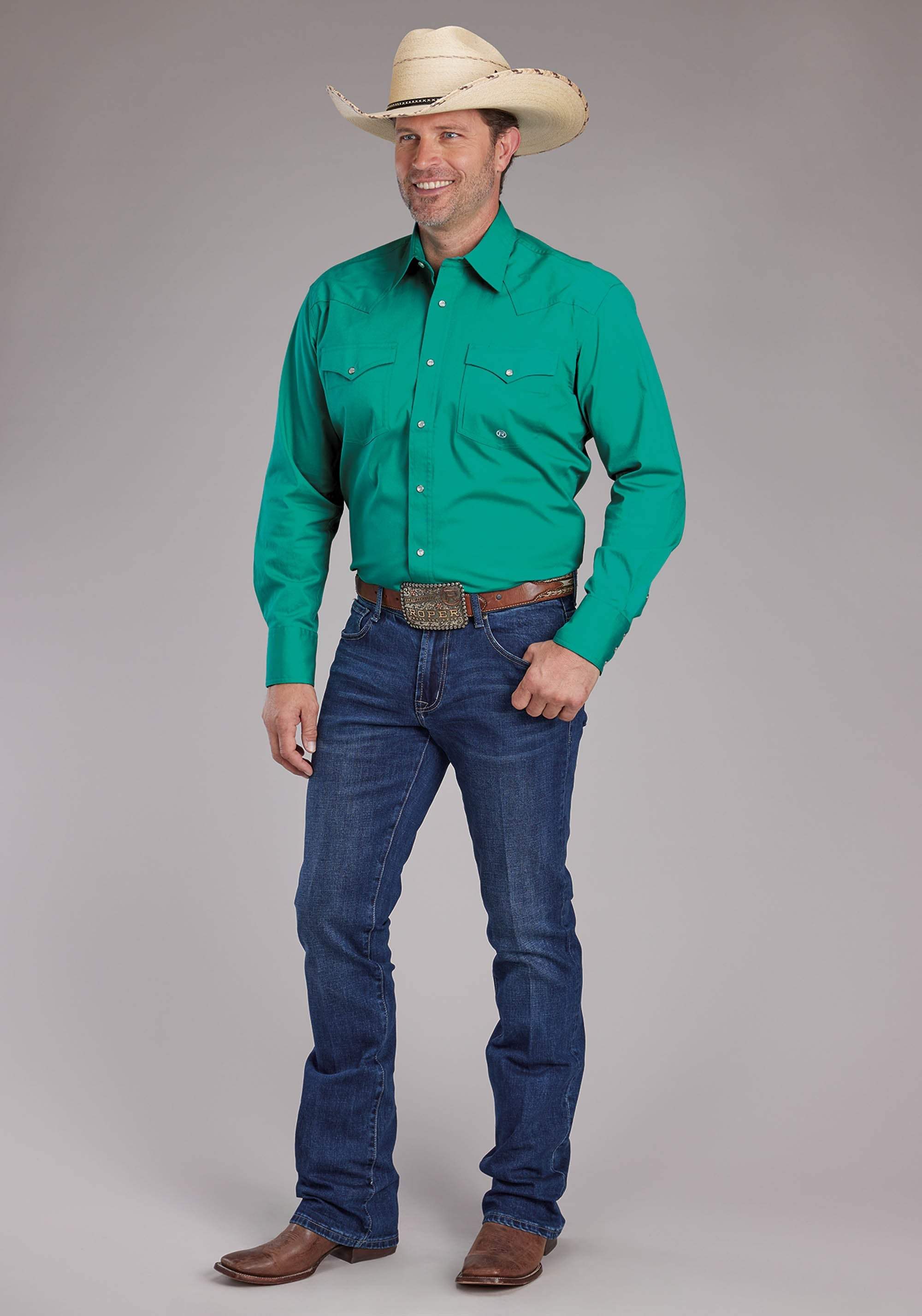 Roper Mens Solid Poplin Stretch - Jade Green Long Sleeve Snap Western Shirt - Roper - Flyclothing LLC