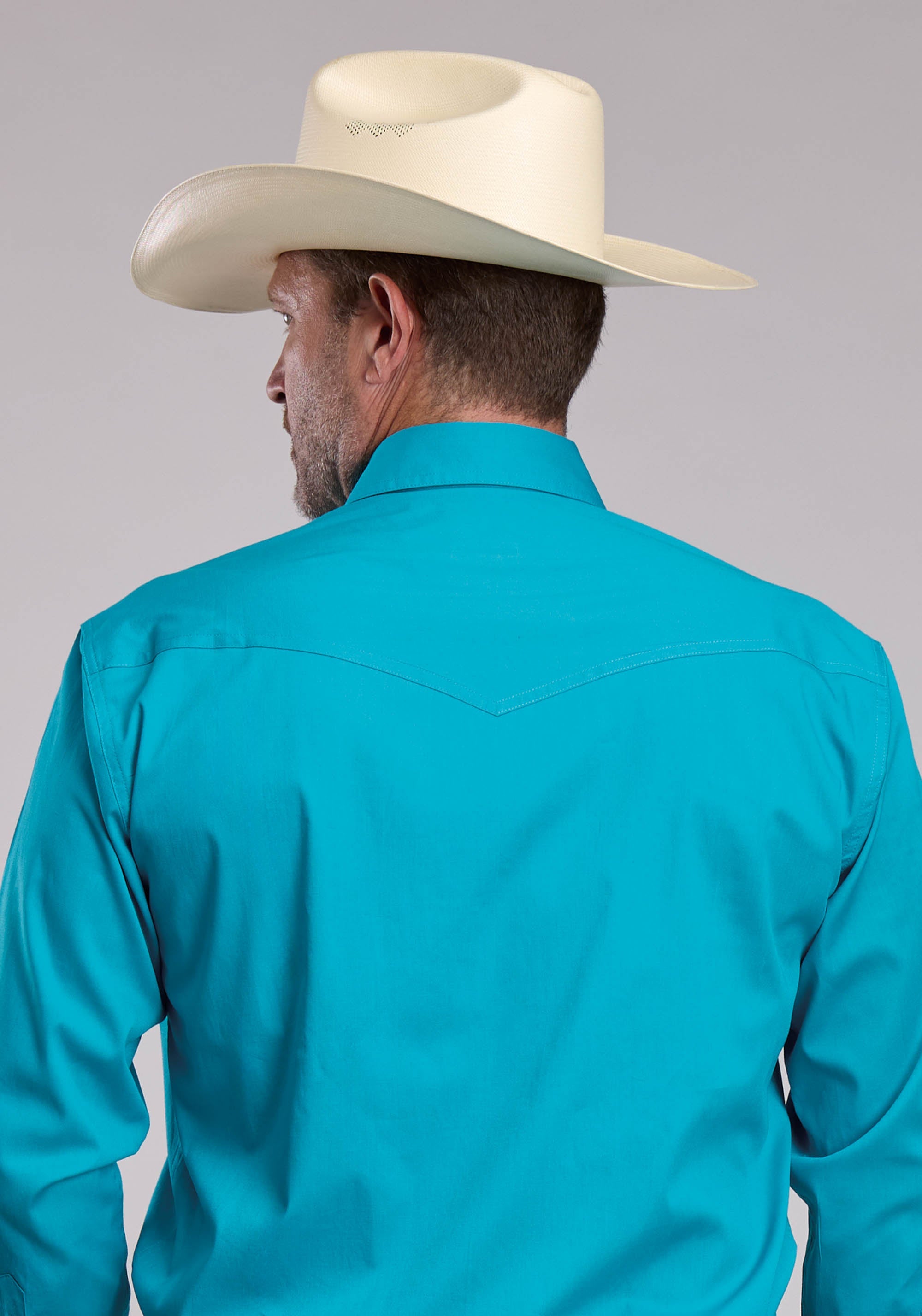 Mens Roper Solid Turquoise Stretch Poplin Long Sleeve Snap Shirt