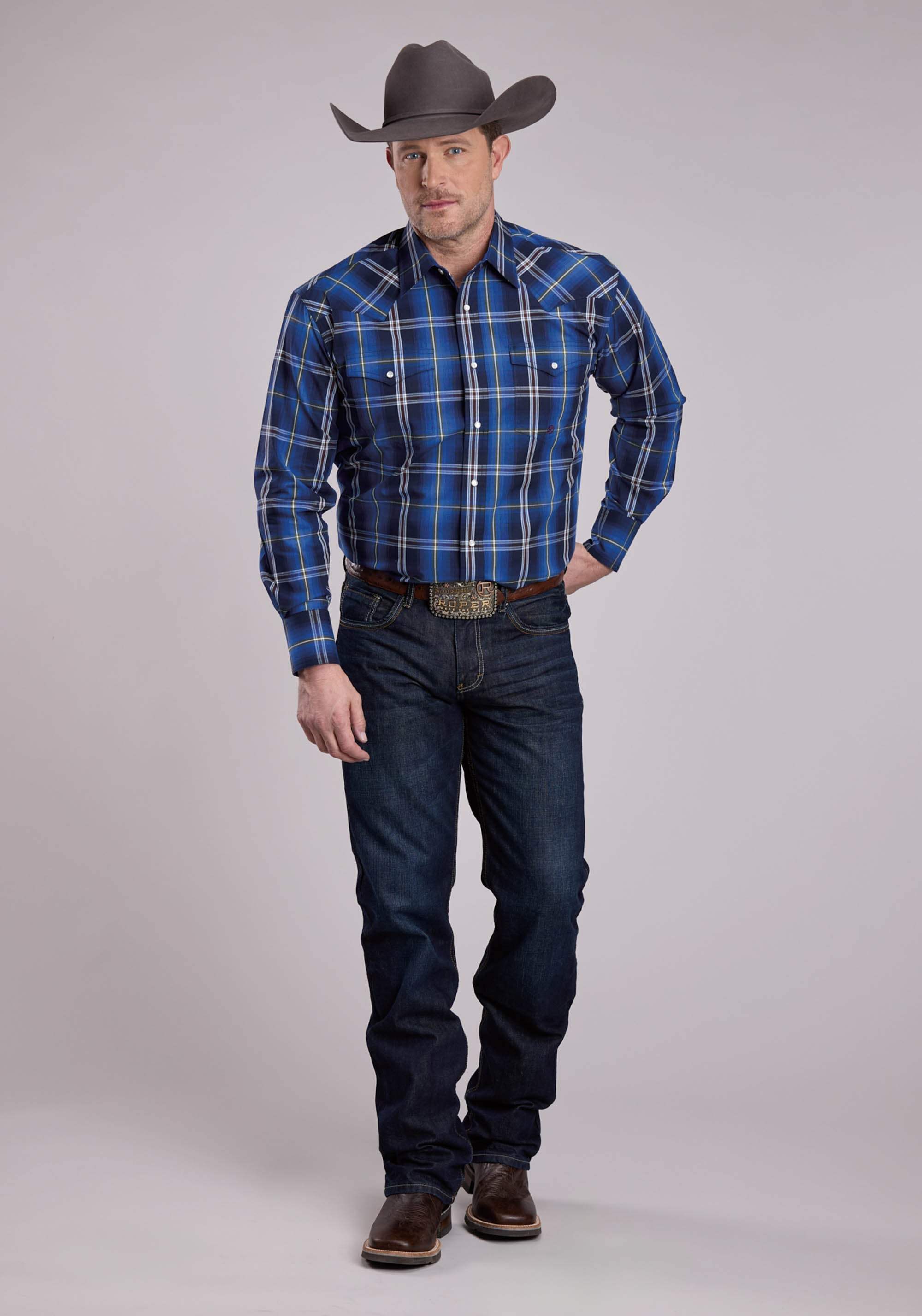 Roper Mens Long Sleeve Snap Midnight Plaid Western Shirt - Roper - Flyclothing LLC
