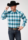 Roper Mens Long Sleeve Snap Stretch Poplin Turquoise Plaid Western Shirt - Roper