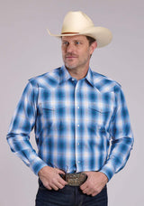 Mens Roper Blue Ombre Plaid Long Sleeve Snap Shirt - Roper - Flyclothing LLC