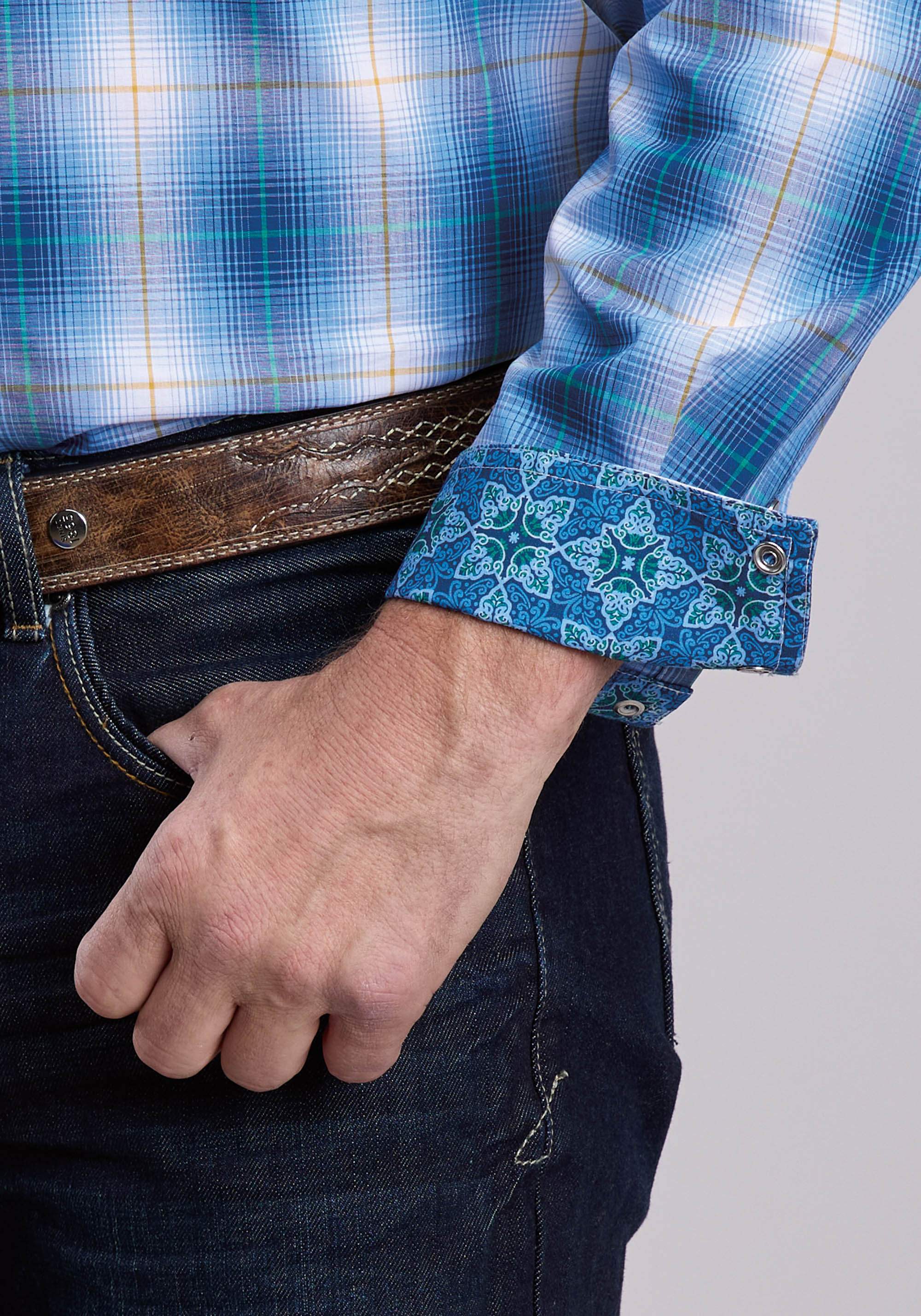 Mens Roper Blue Ombre Plaid Long Sleeve Snap Shirt - Roper - Flyclothing LLC