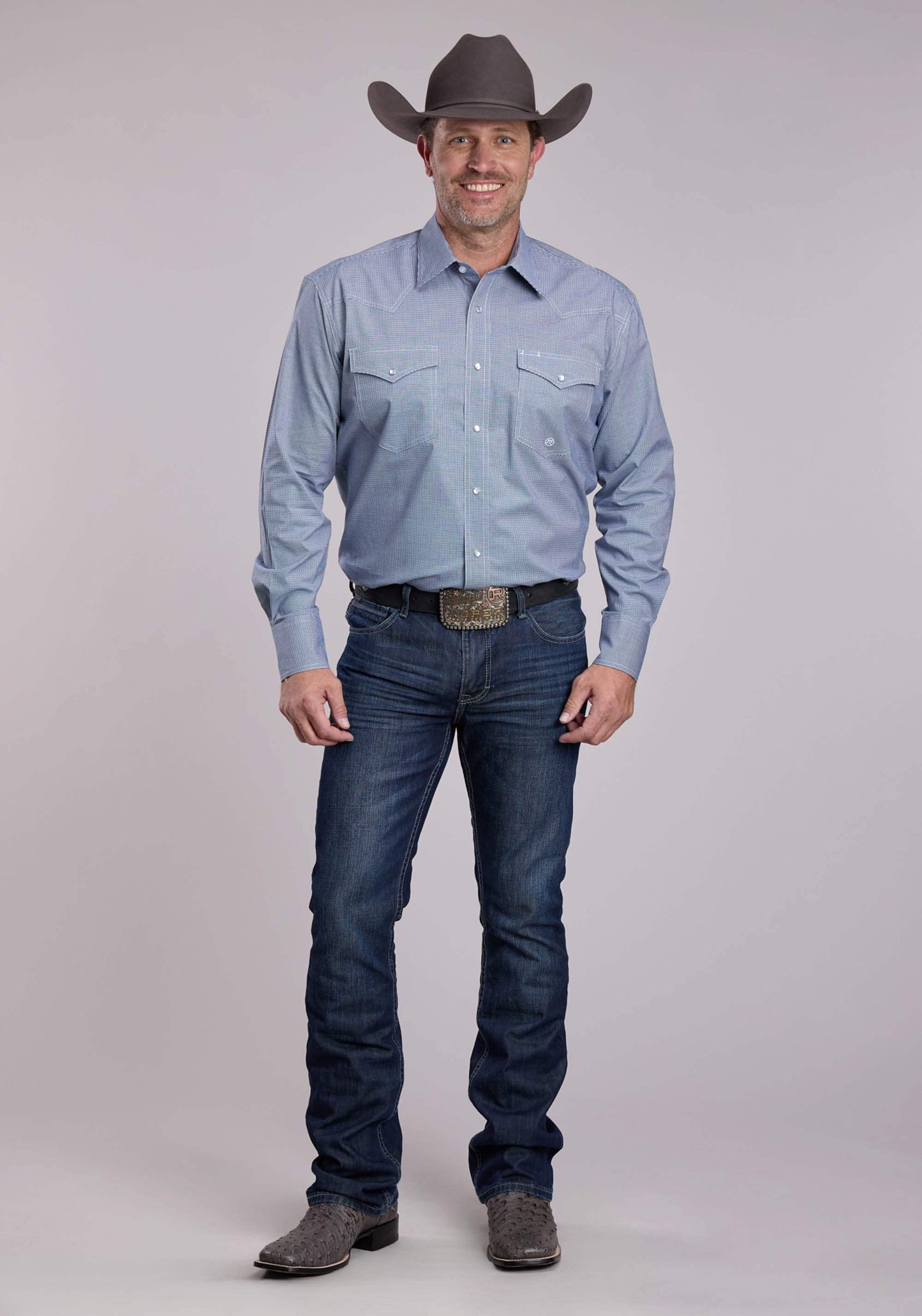 Mens Roper Navy Stretch Minicheck Long Sleeve Snap Shirt - Roper - Flyclothing LLC