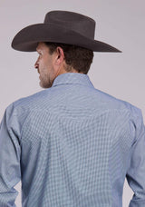 Mens Roper Navy Stretch Minicheck Long Sleeve Snap Shirt - Roper - Flyclothing LLC