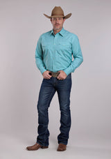 Mens Roper Turquoise Stretch Minicheck Long Sleeve Snap Shirt