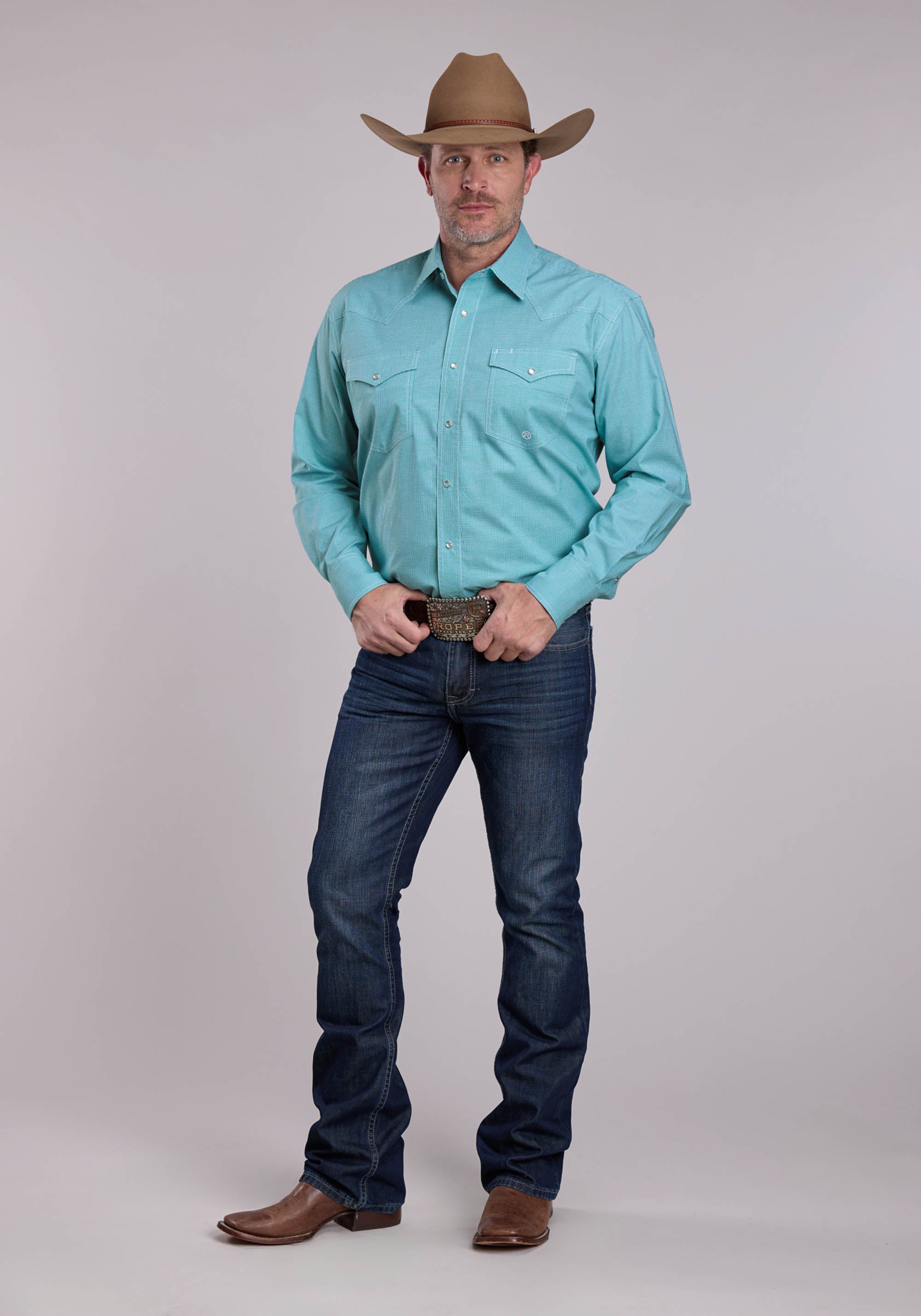 Mens Roper Turquoise Stretch Minicheck Long Sleeve Snap Shirt