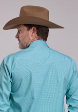 Mens Roper Turquoise Stretch Minicheck Long Sleeve Snap Shirt