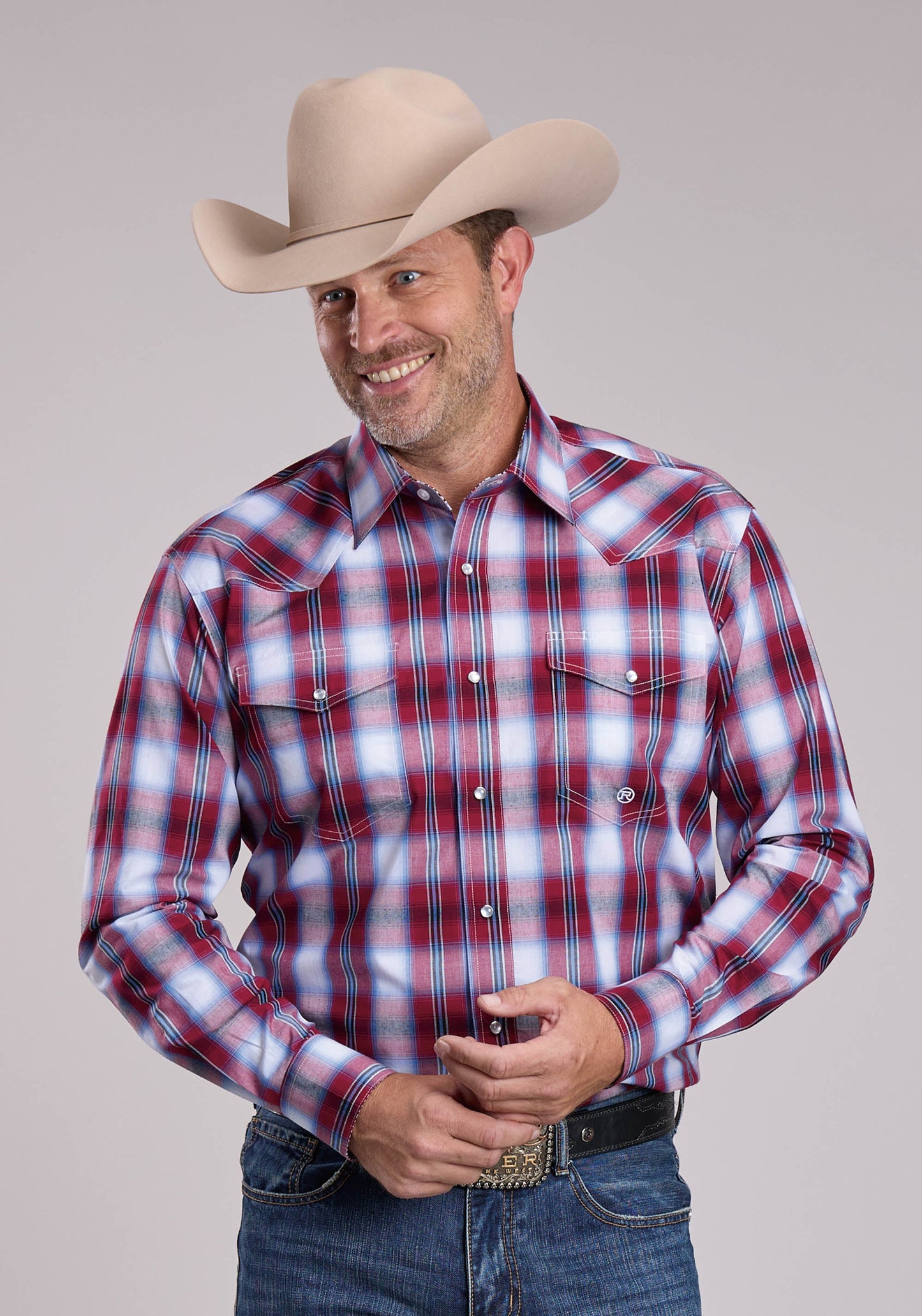 Mens Roper Ball Park Plaid Long Sleeve Snap Shirt