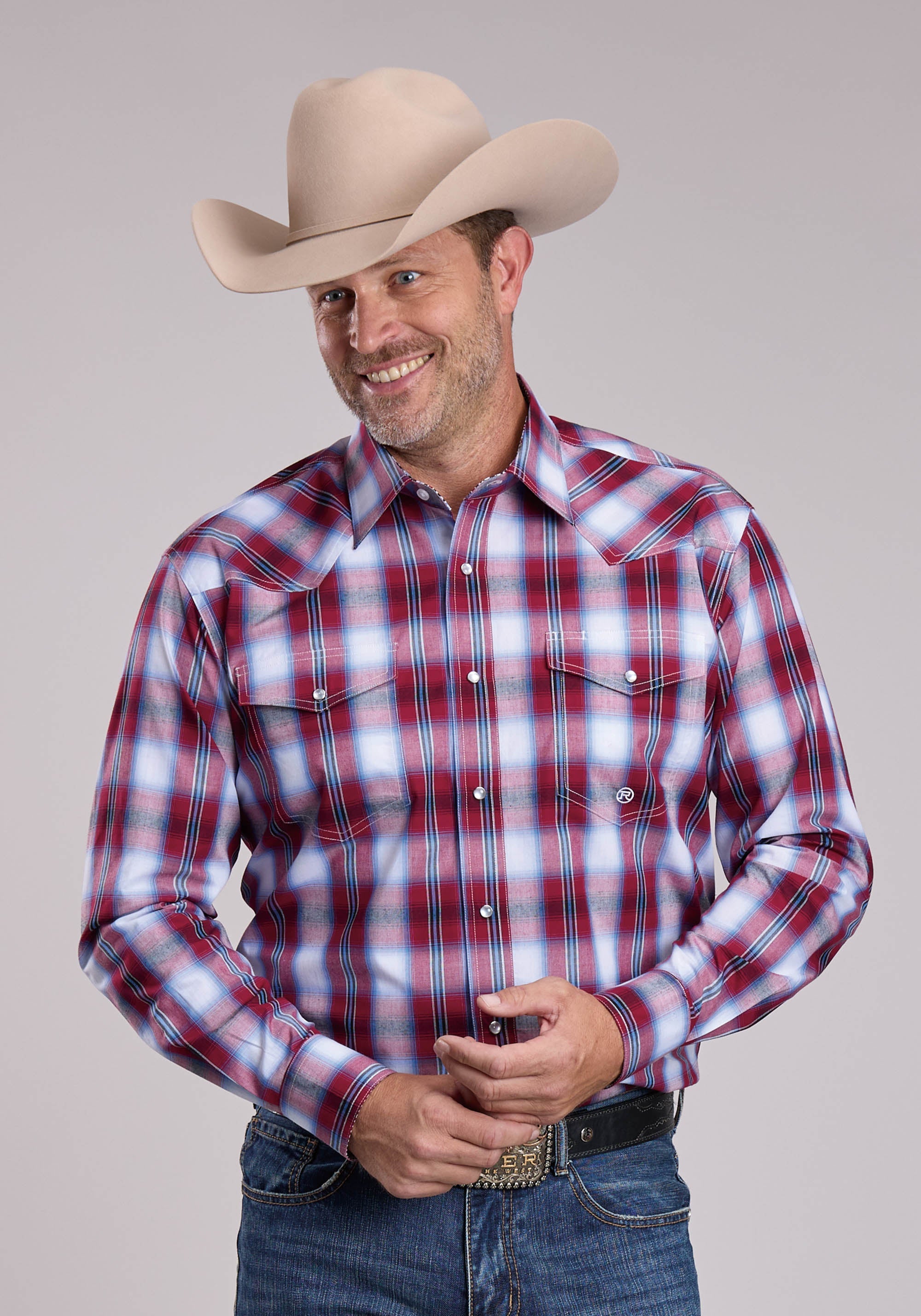 Mens Roper Ball Park Plaid Long Sleeve Snap Shirt