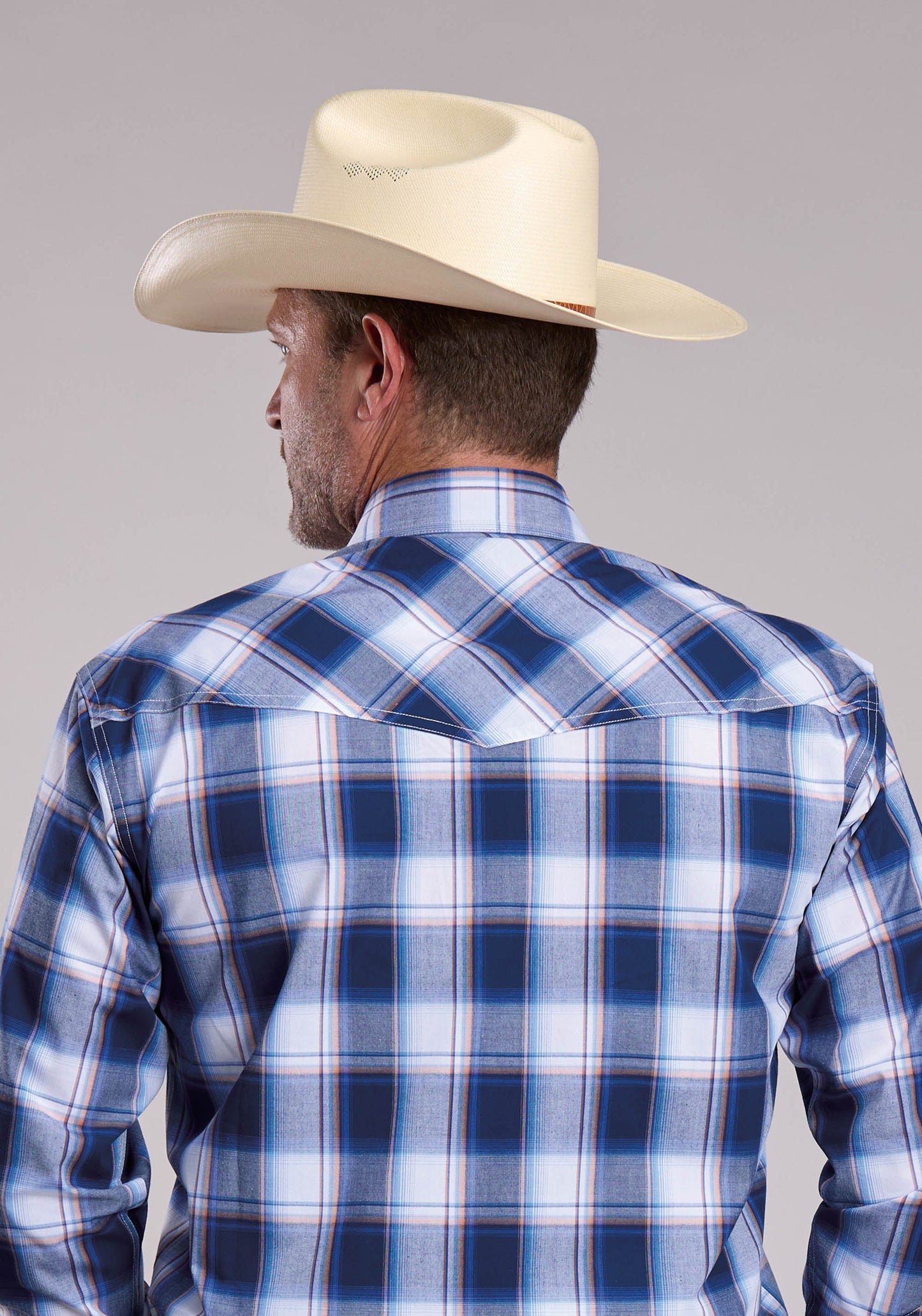Mens Roper Navy Check Plaid Long Sleeve Snap Shirt