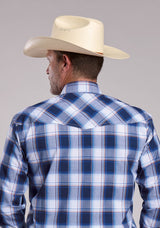 Mens Roper Navy Check Plaid Long Sleeve Snap Shirt