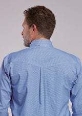 Mens Roper Blue Stretch Mini Check Long Sleeve Snap Shirt