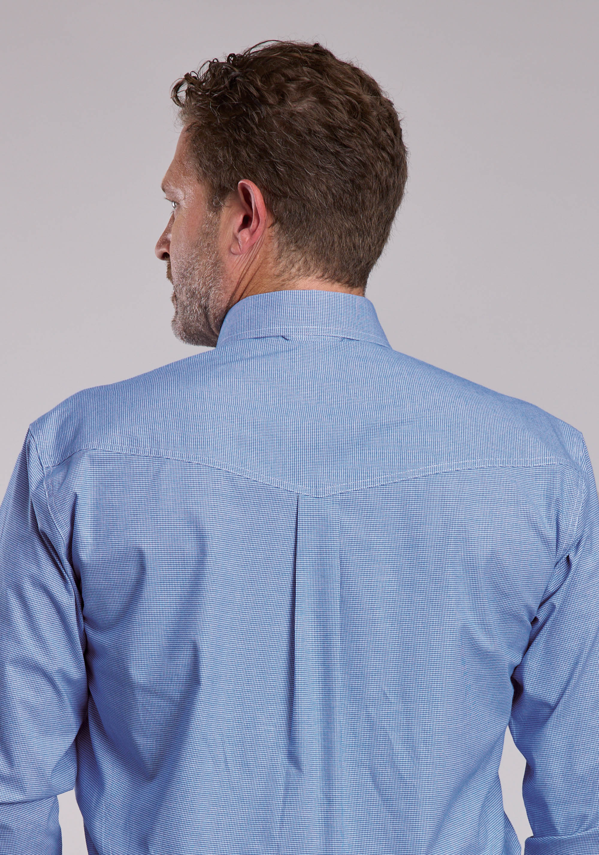 Mens Roper Blue Stretch Mini Check Long Sleeve Snap Shirt