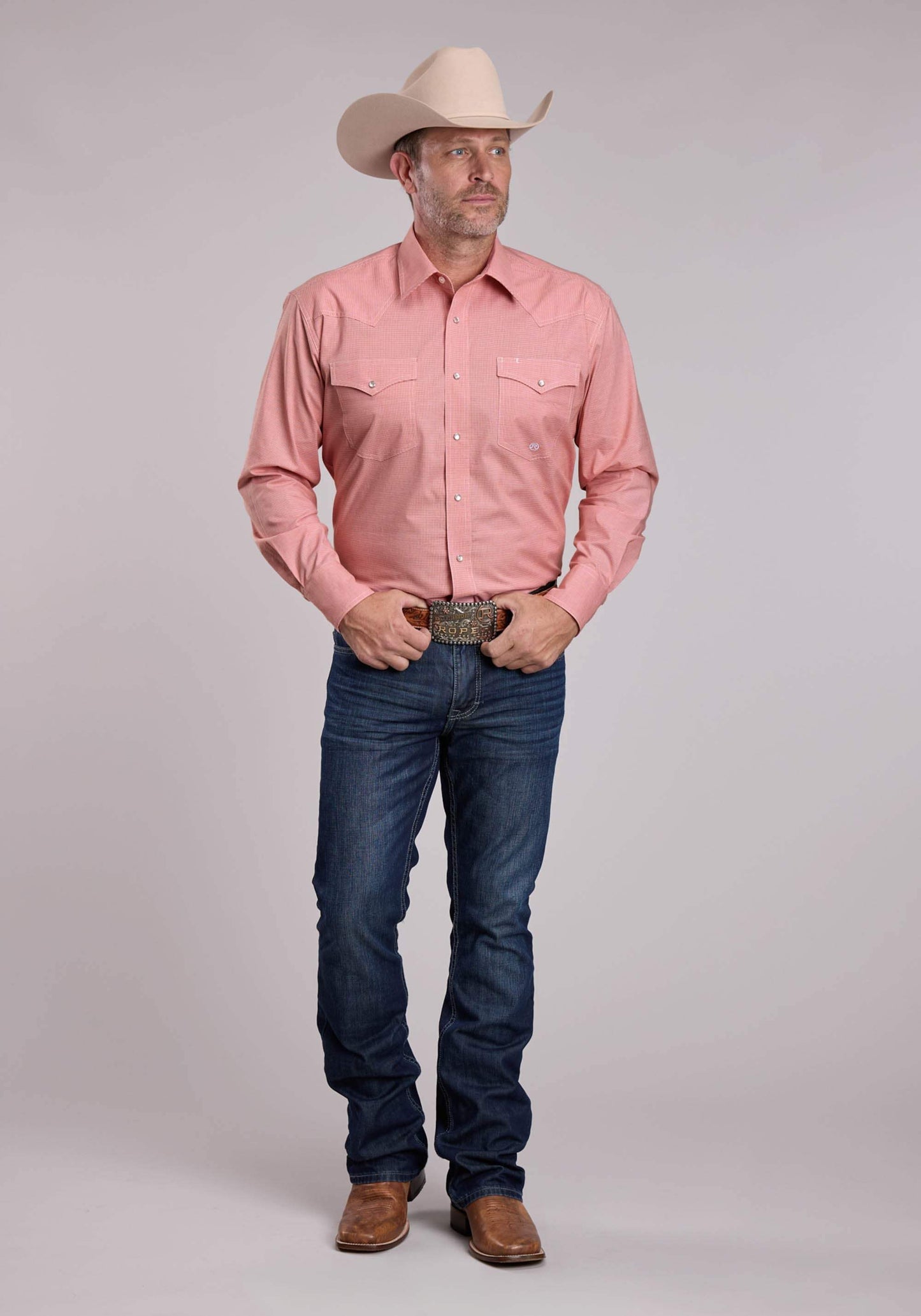 Mens Roper Coral Stretch Mini Check Long Sleeve Snap Shirt - Roper - Flyclothing LLC