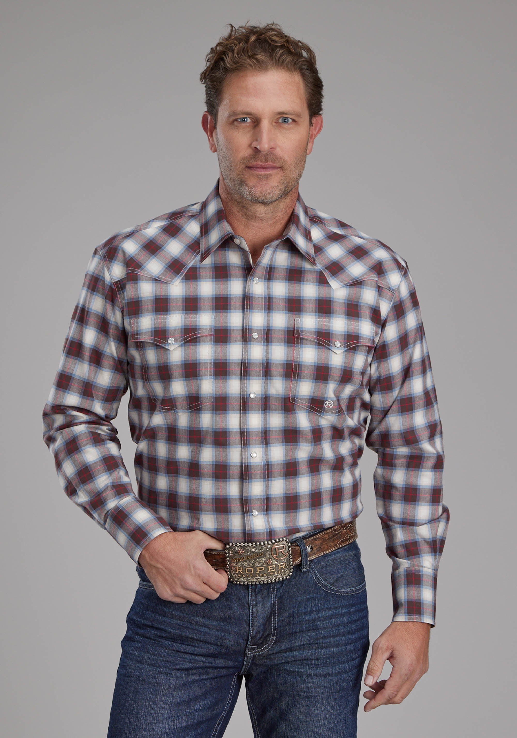 Roper Mens Stretch Plaid - Brown Long Sleeve Snap Western Shirt
