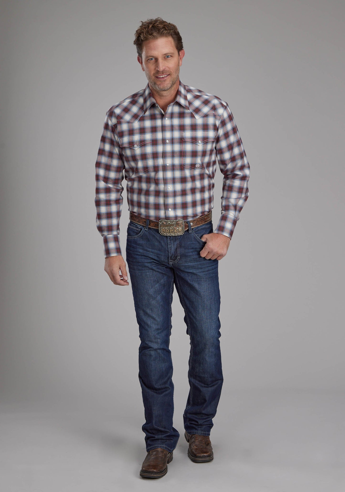Roper Mens Stretch Plaid - Brown Long Sleeve Snap Western Shirt