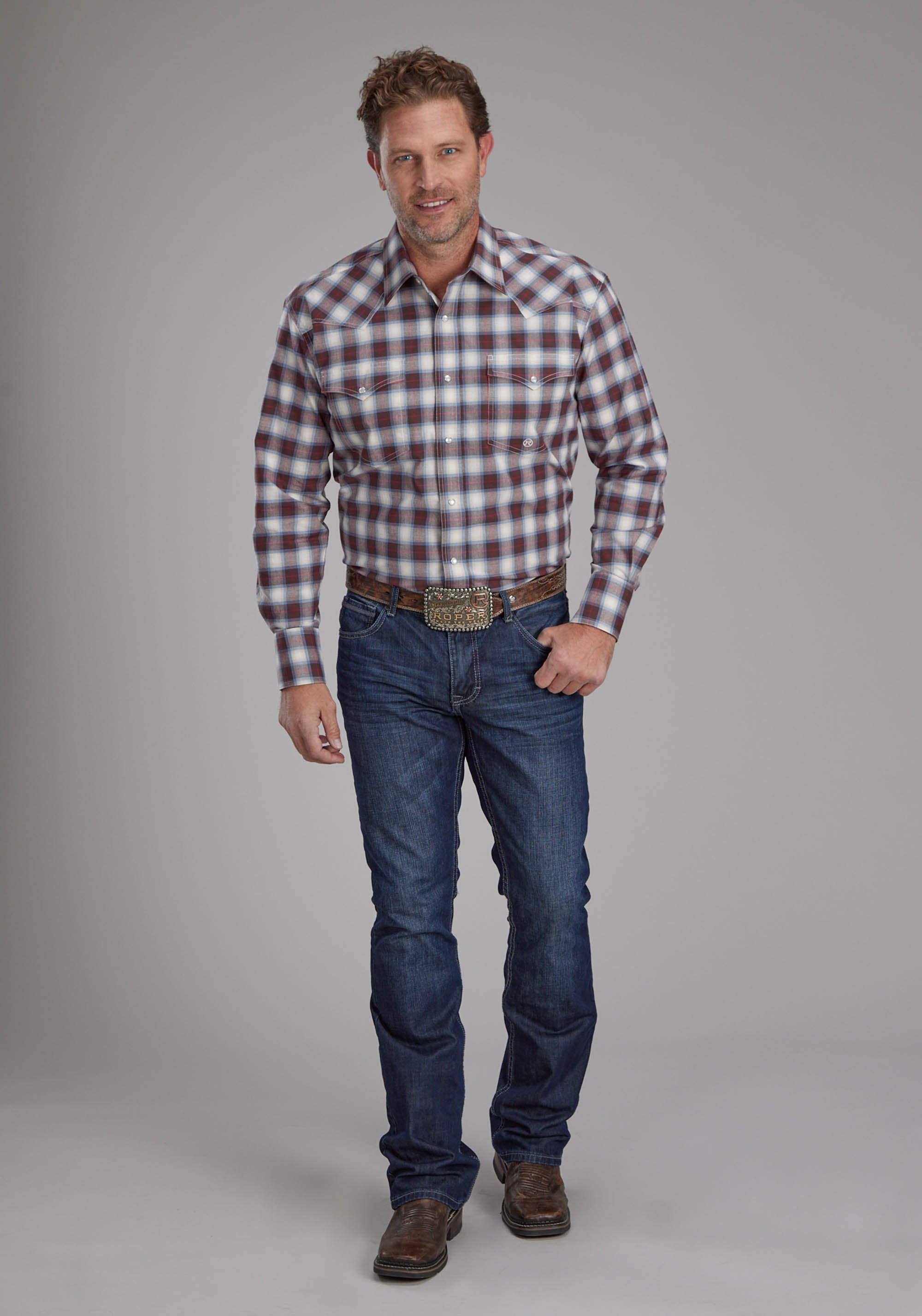 Roper Mens Stretch Plaid - Brown Long Sleeve Snap Western Shirt