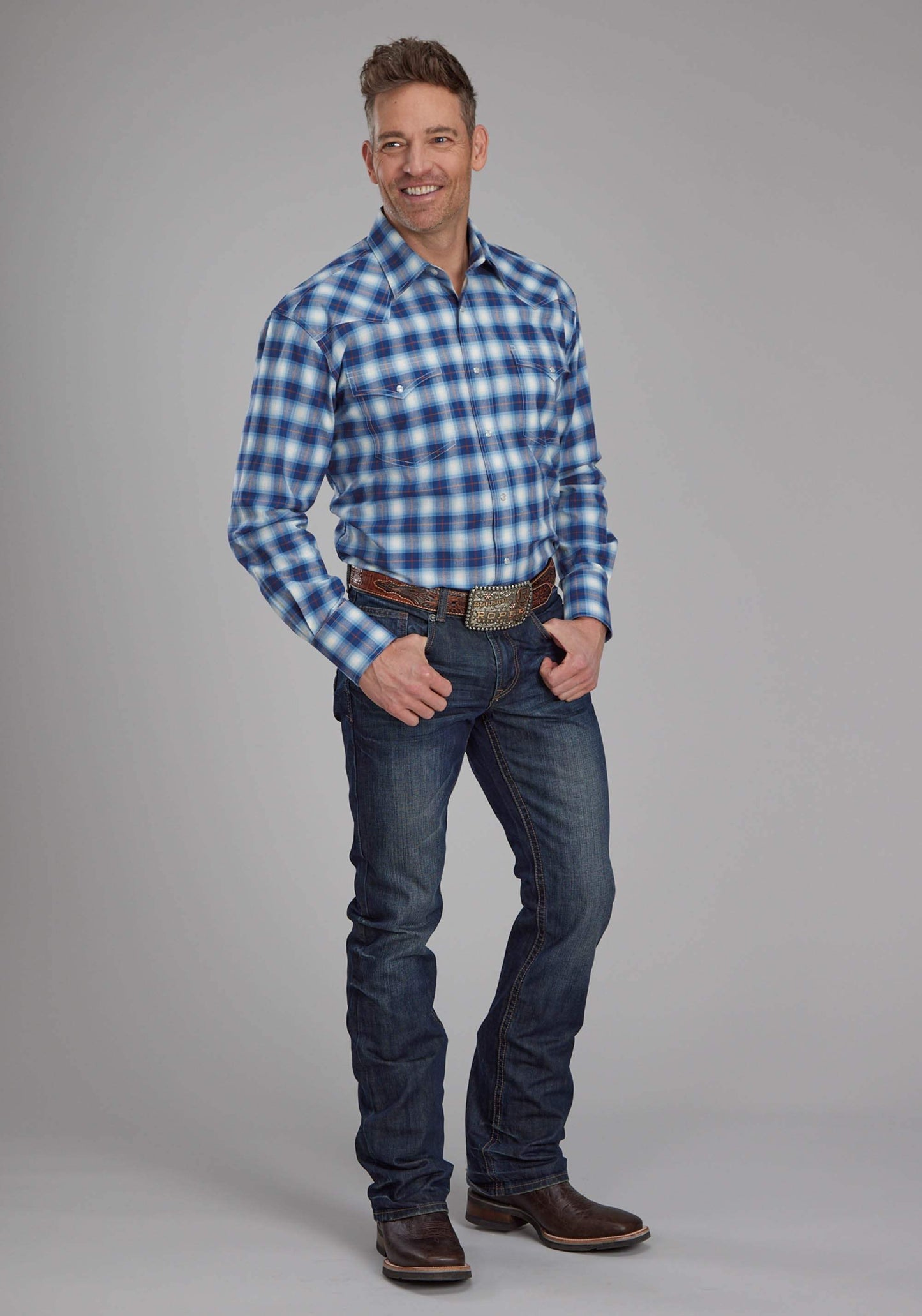 Roper Mens Stretch Plaid - Blue Long Sleeve Snap Western Shirt - Roper - Flyclothing LLC